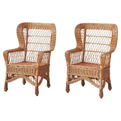 Retro Pair of Armchairs in Rattan with Decorative Details, France, 1970s