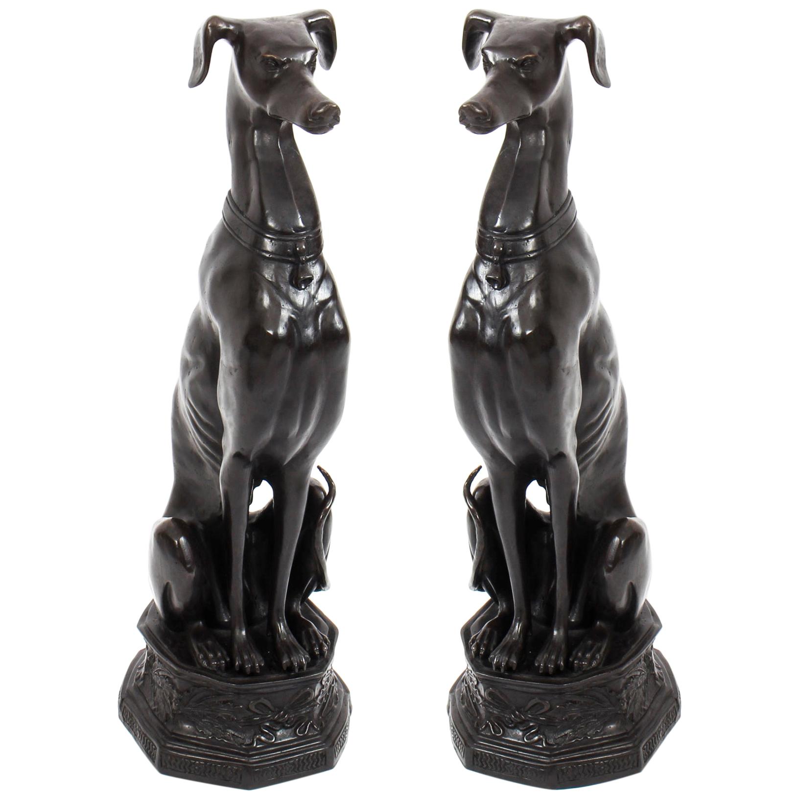 Vintage Pair of Art Deco Revival Bronze Seated Dogs, 20th Century