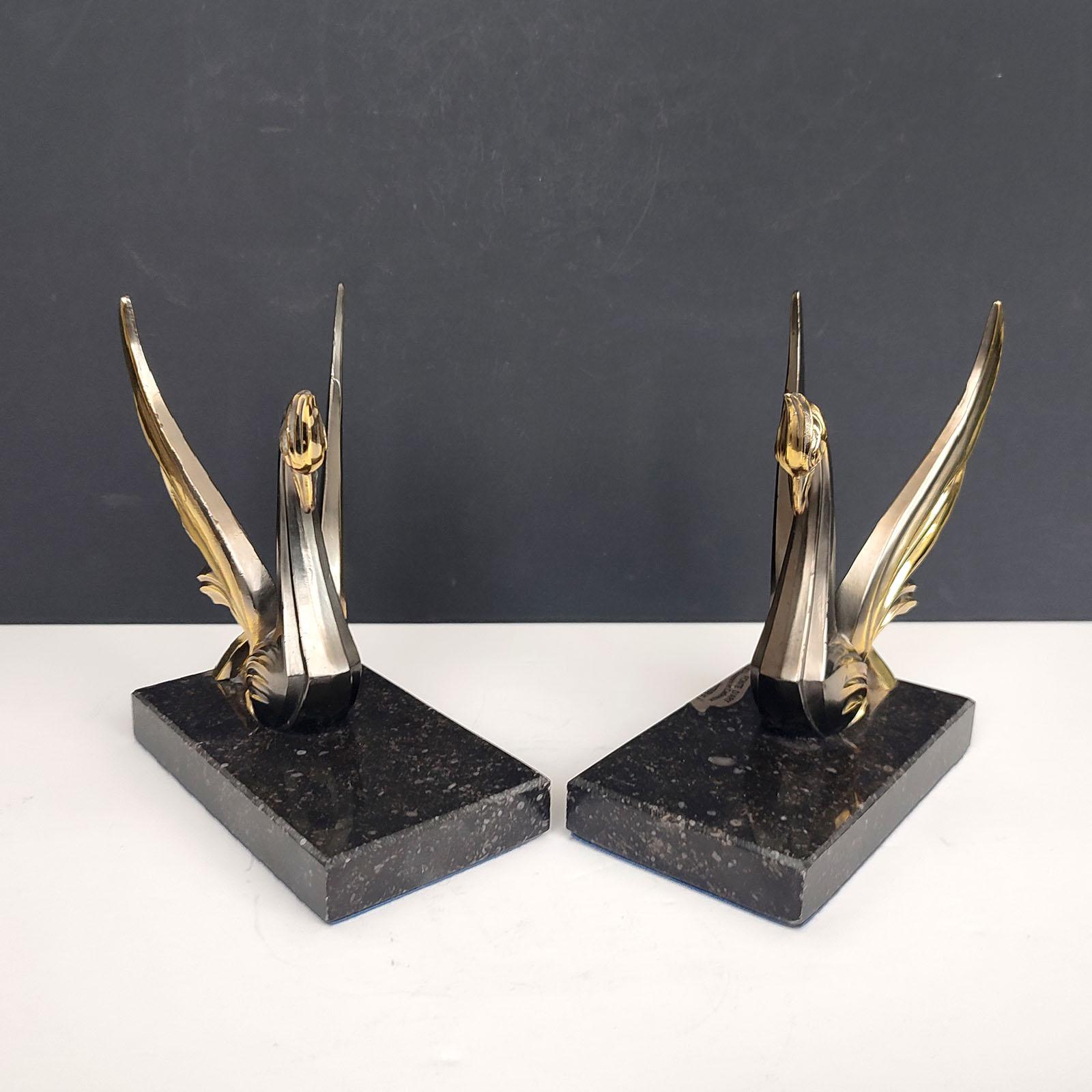 Patinated Vintage Pair of Art Deco Swan Bookends, circa 1950