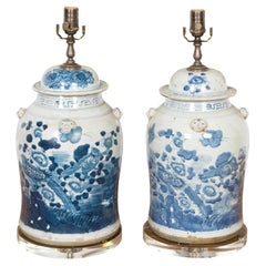 Pair of Asian Blue and White Porcelain Jars Made into Wired Table Lamps