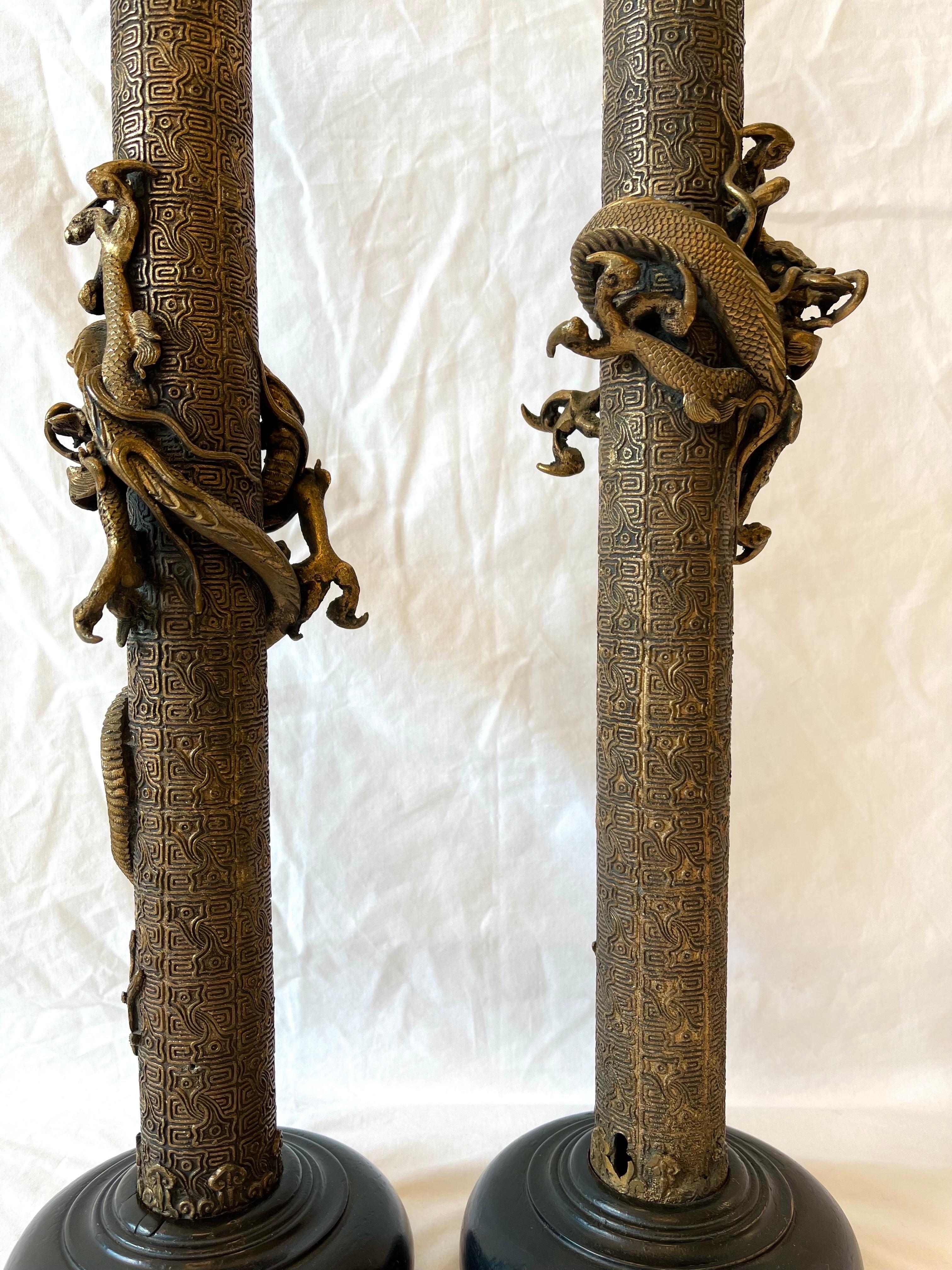 Vintage Pair of Asian Lamps with Coiling Dragons on Highly Detailed Support 4