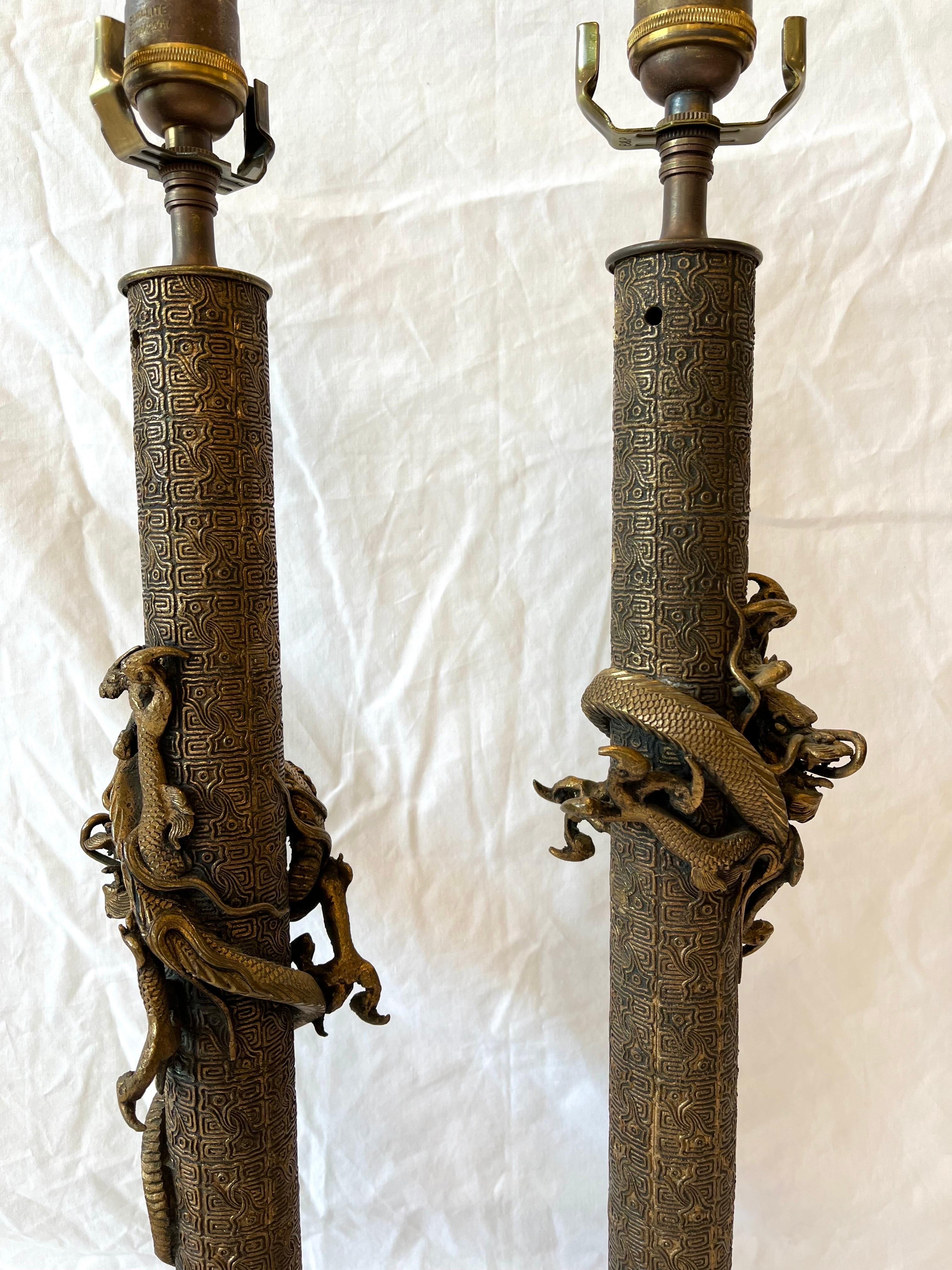 Vintage Pair of Asian Lamps with Coiling Dragons on Highly Detailed Support 5
