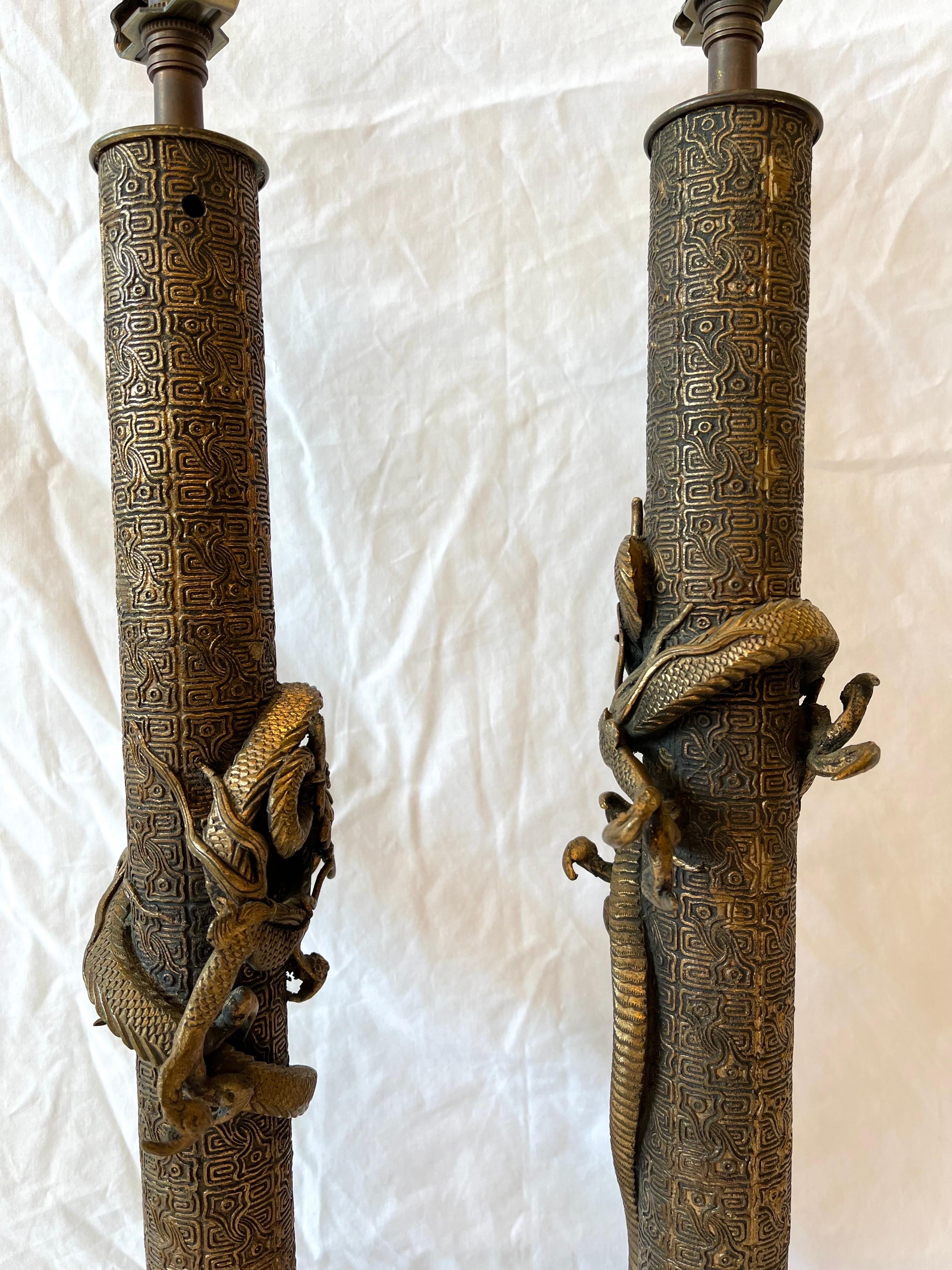 Vintage Pair of Asian Lamps with Coiling Dragons on Highly Detailed Support 6