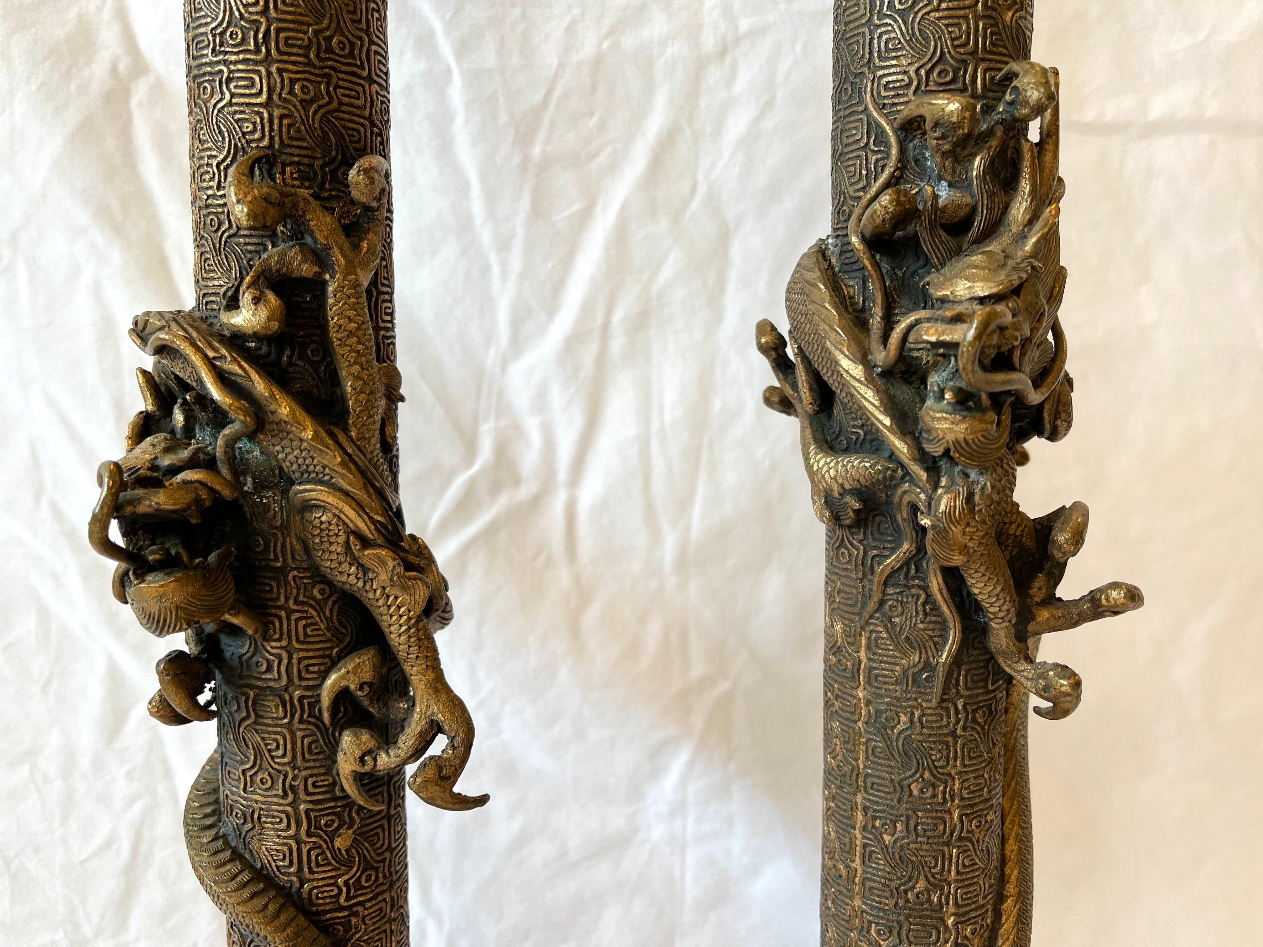 Vintage Pair of Asian Lamps with Coiling Dragons on Highly Detailed Support 8