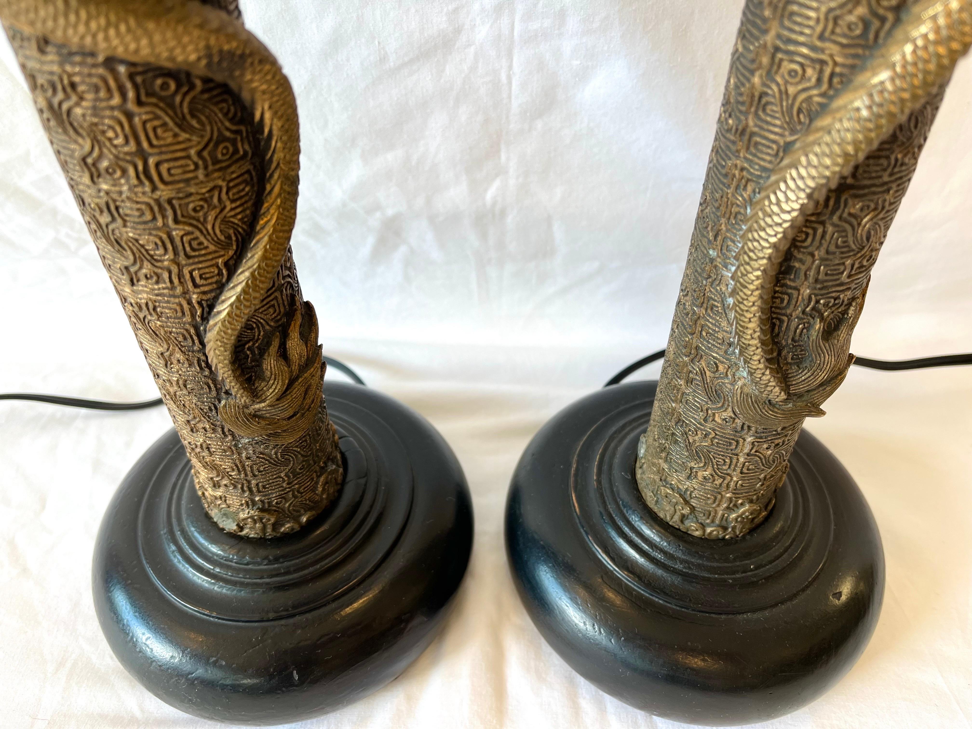 Vintage Pair of Asian Lamps with Coiling Dragons on Highly Detailed Support 9