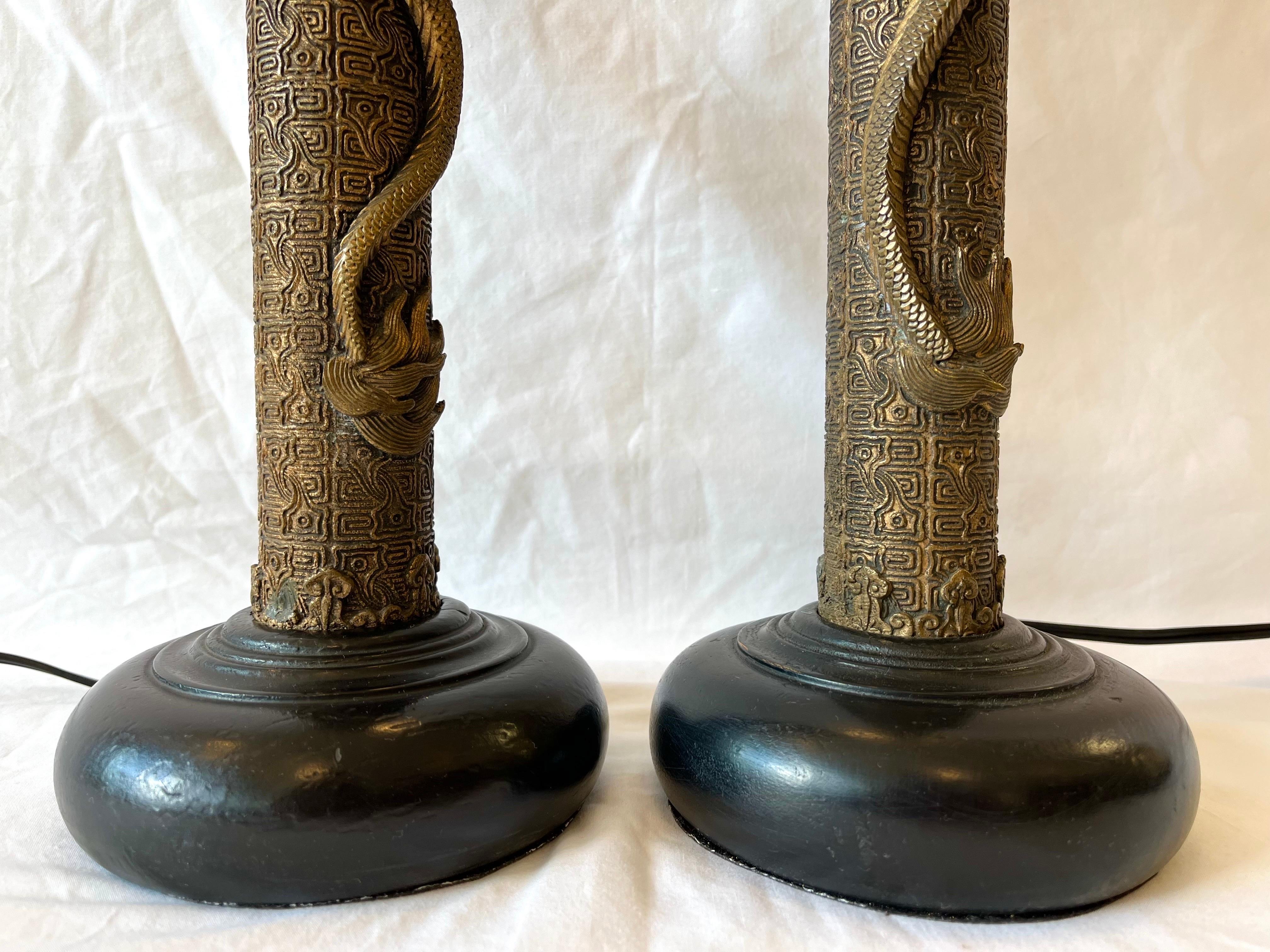Vintage Pair of Asian Lamps with Coiling Dragons on Highly Detailed Support 10