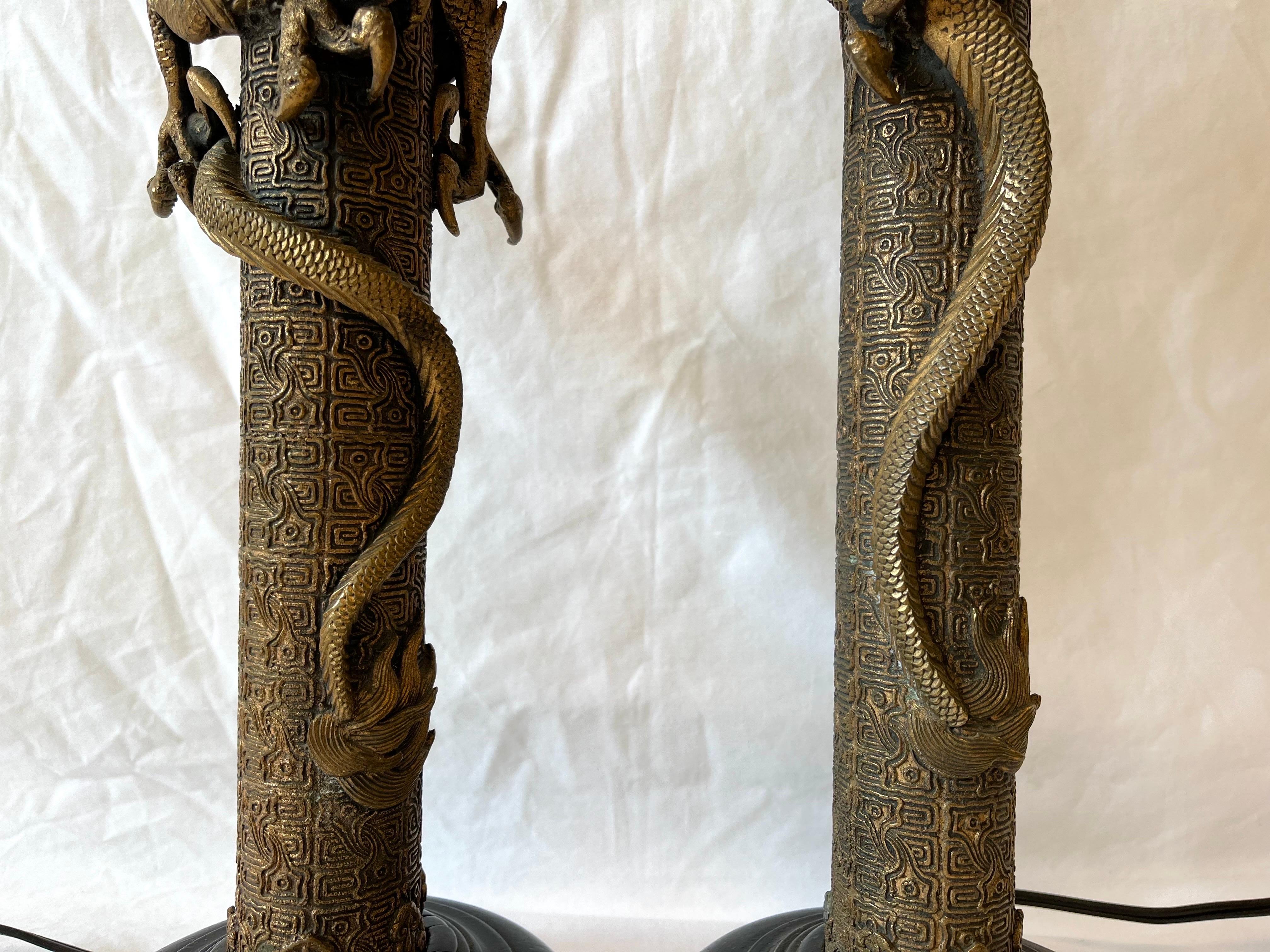 Vintage Pair of Asian Lamps with Coiling Dragons on Highly Detailed Support 11