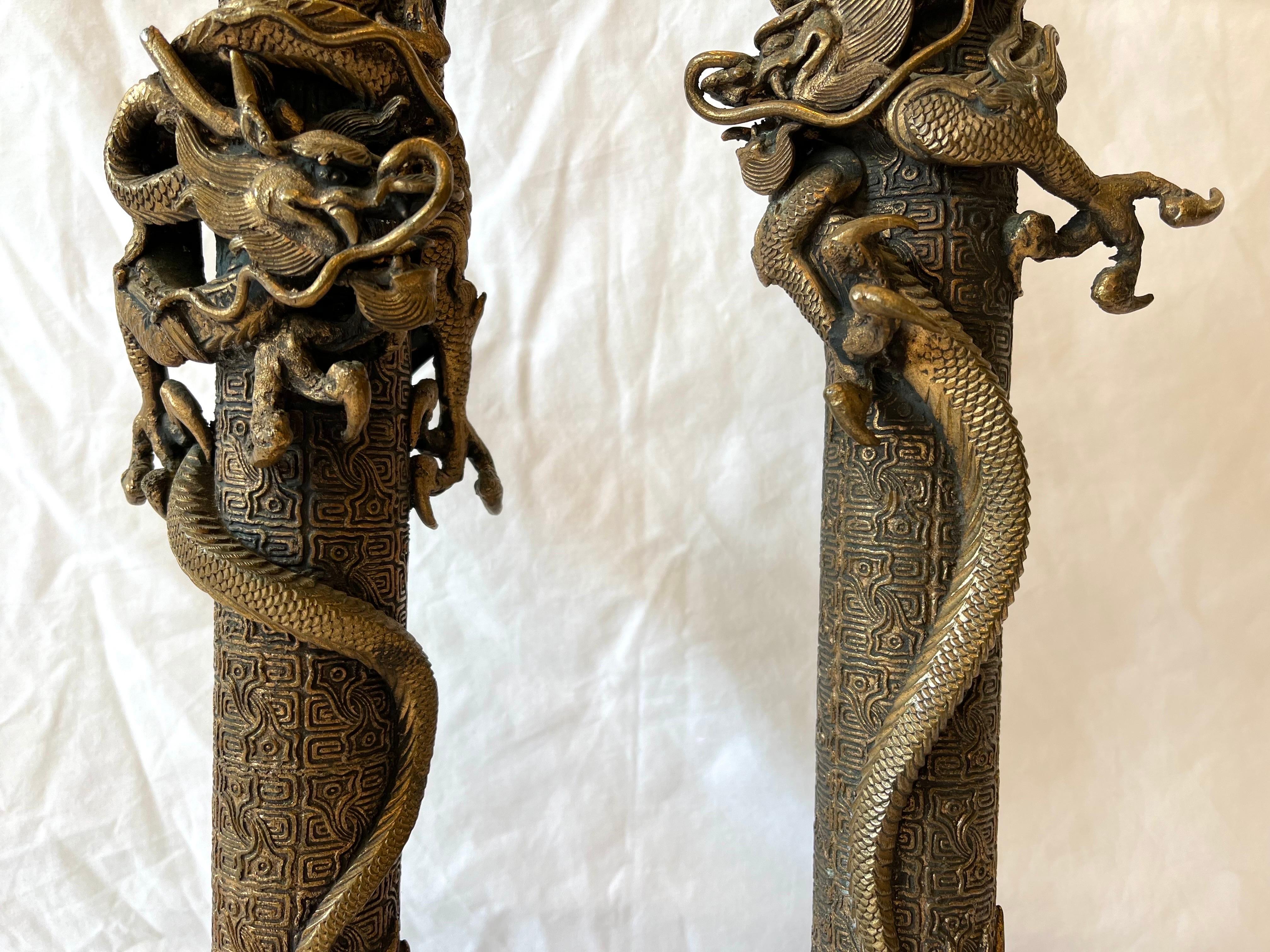 Vintage Pair of Asian Lamps with Coiling Dragons on Highly Detailed Support 12