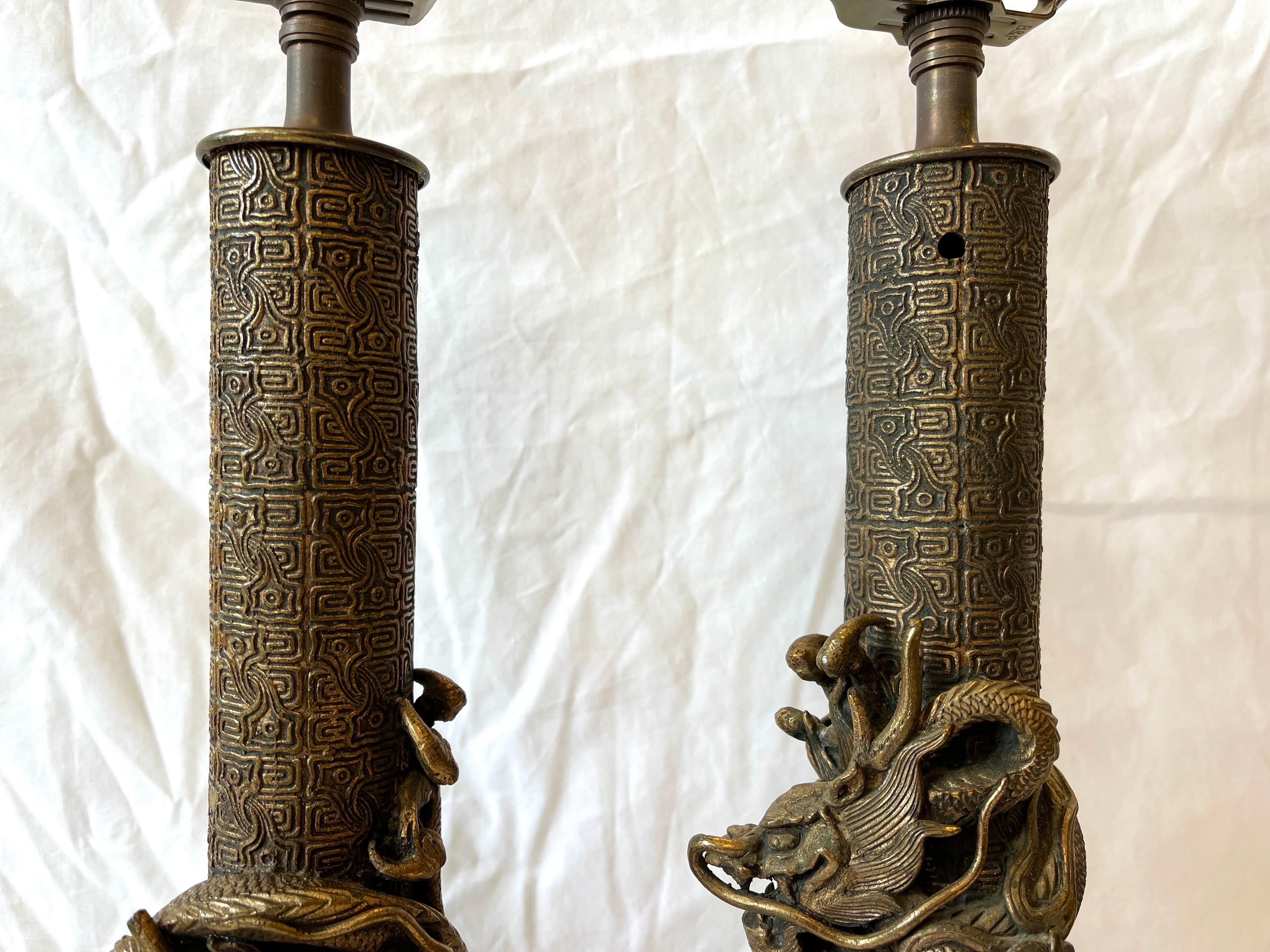 Vintage Pair of Asian Lamps with Coiling Dragons on Highly Detailed Support 13