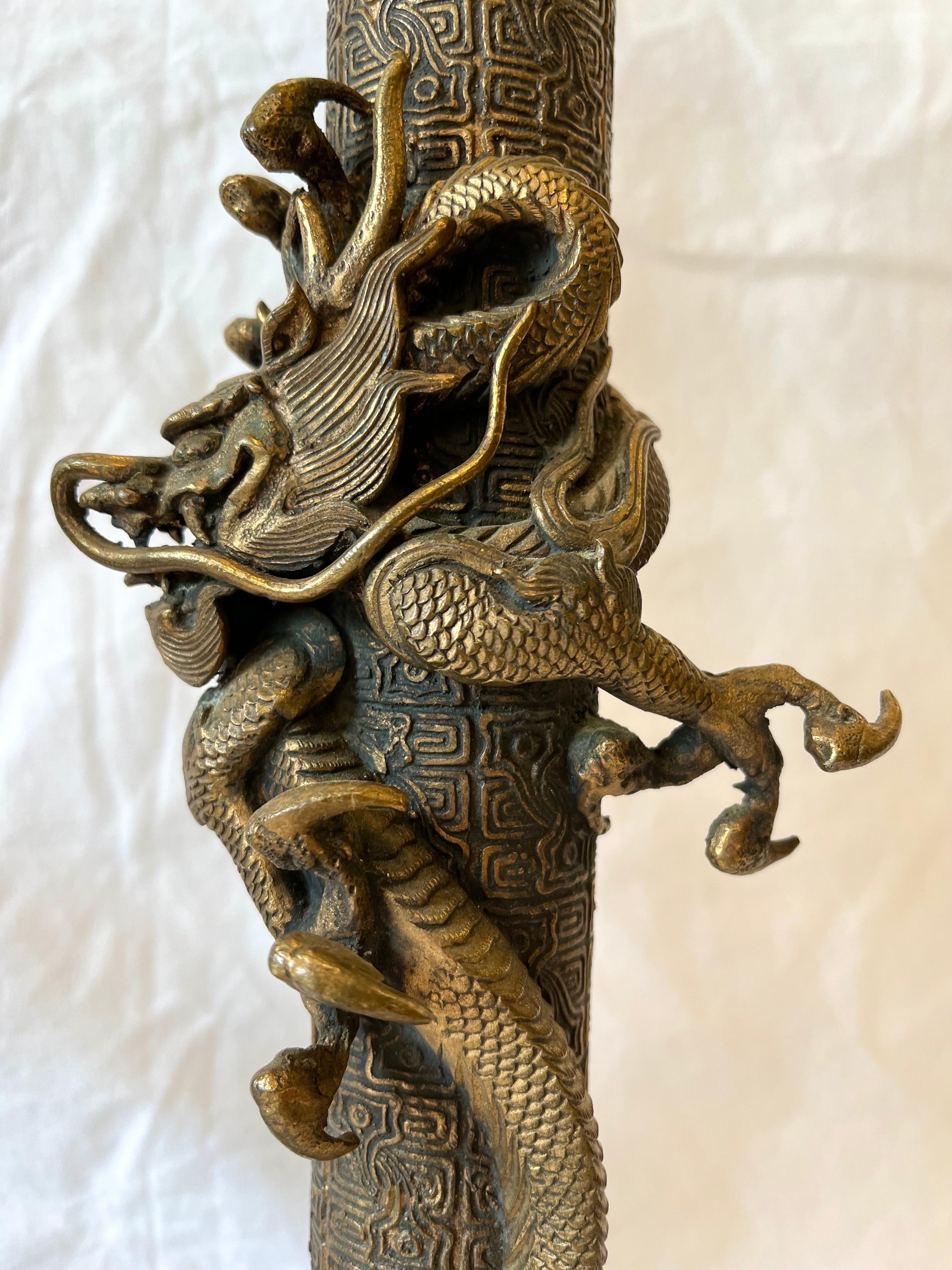 Cast Vintage Pair of Asian Lamps with Coiling Dragons on Highly Detailed Support
