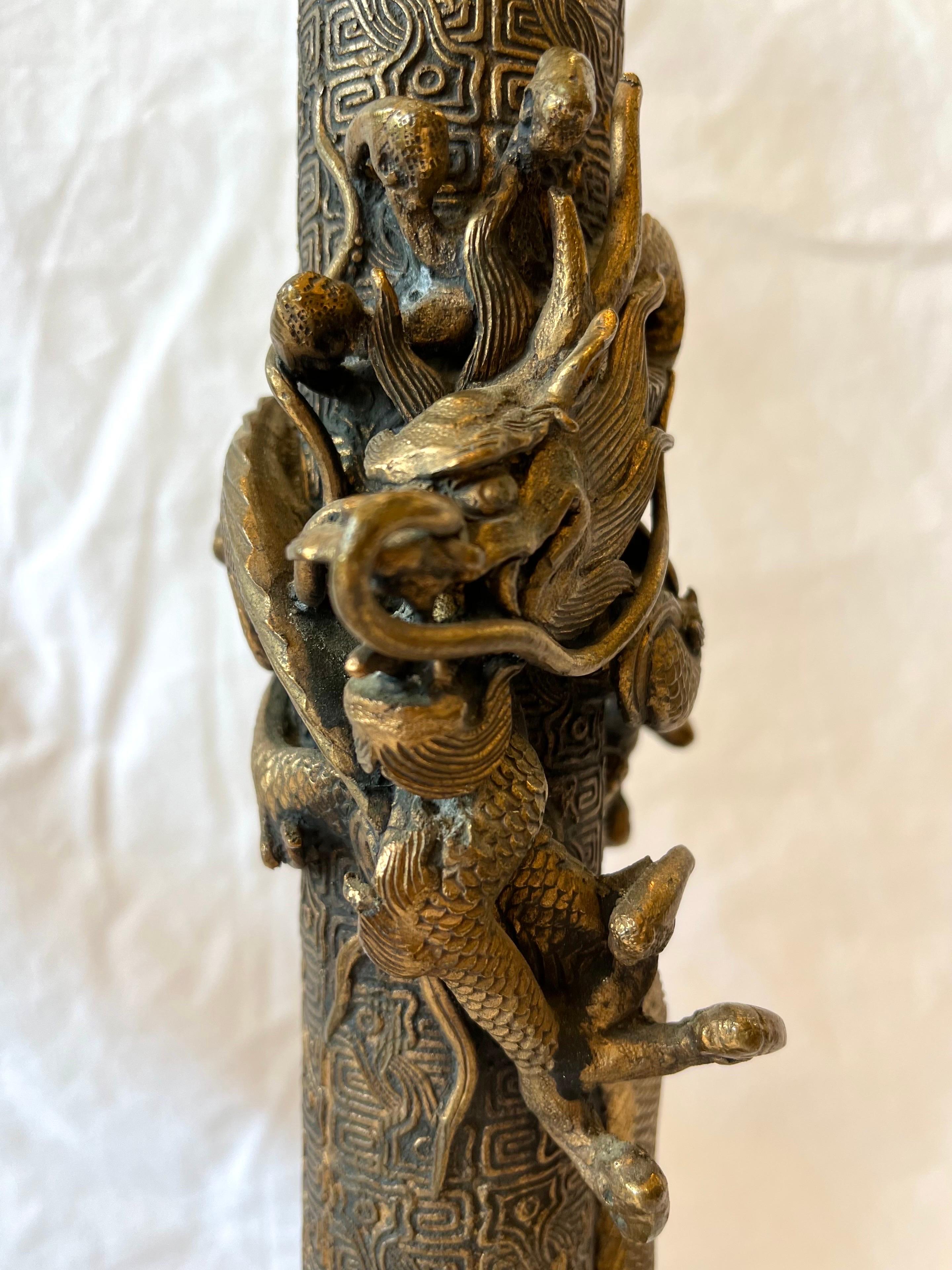 20th Century Vintage Pair of Asian Lamps with Coiling Dragons on Highly Detailed Support