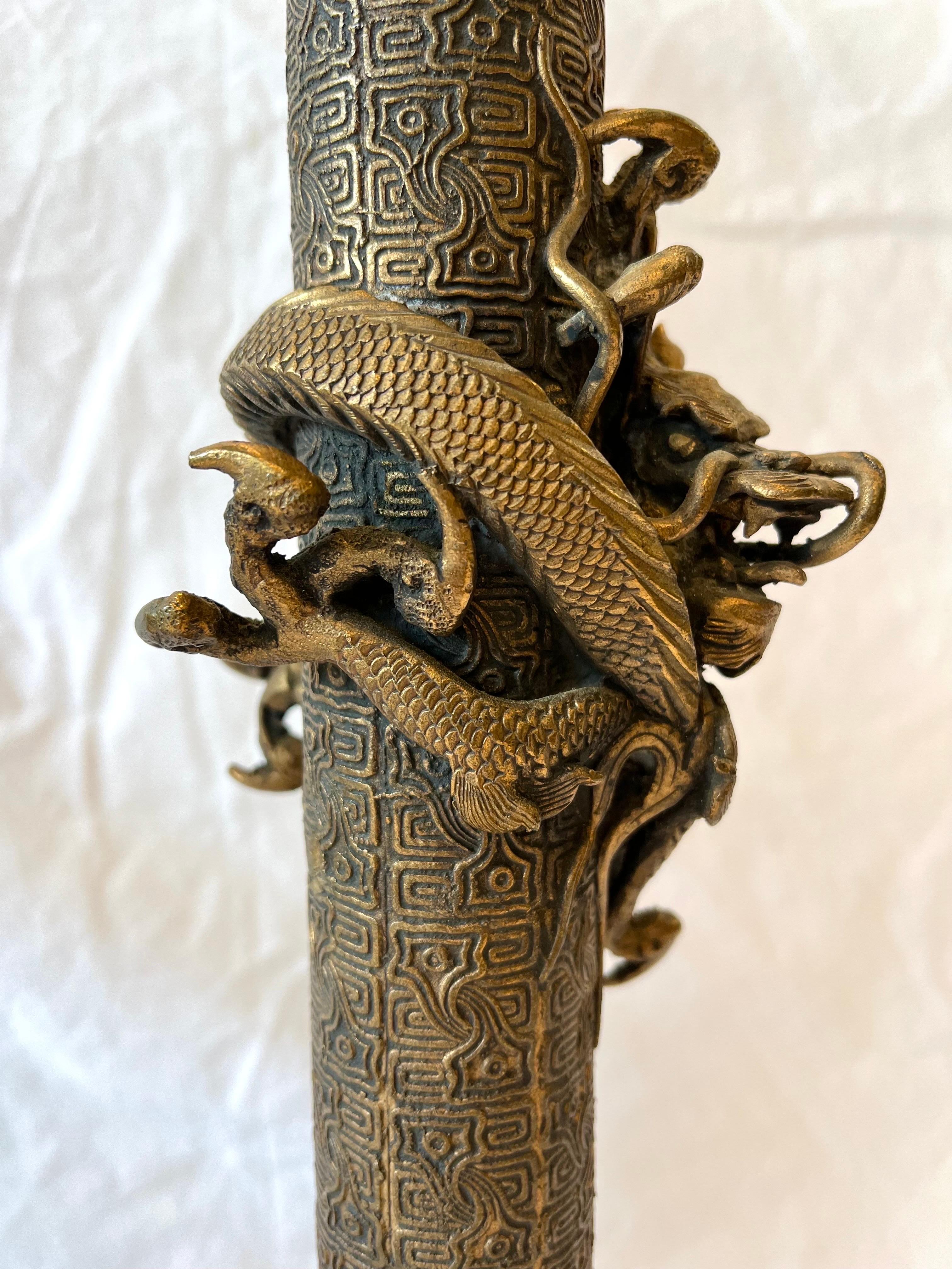 Metal Vintage Pair of Asian Lamps with Coiling Dragons on Highly Detailed Support