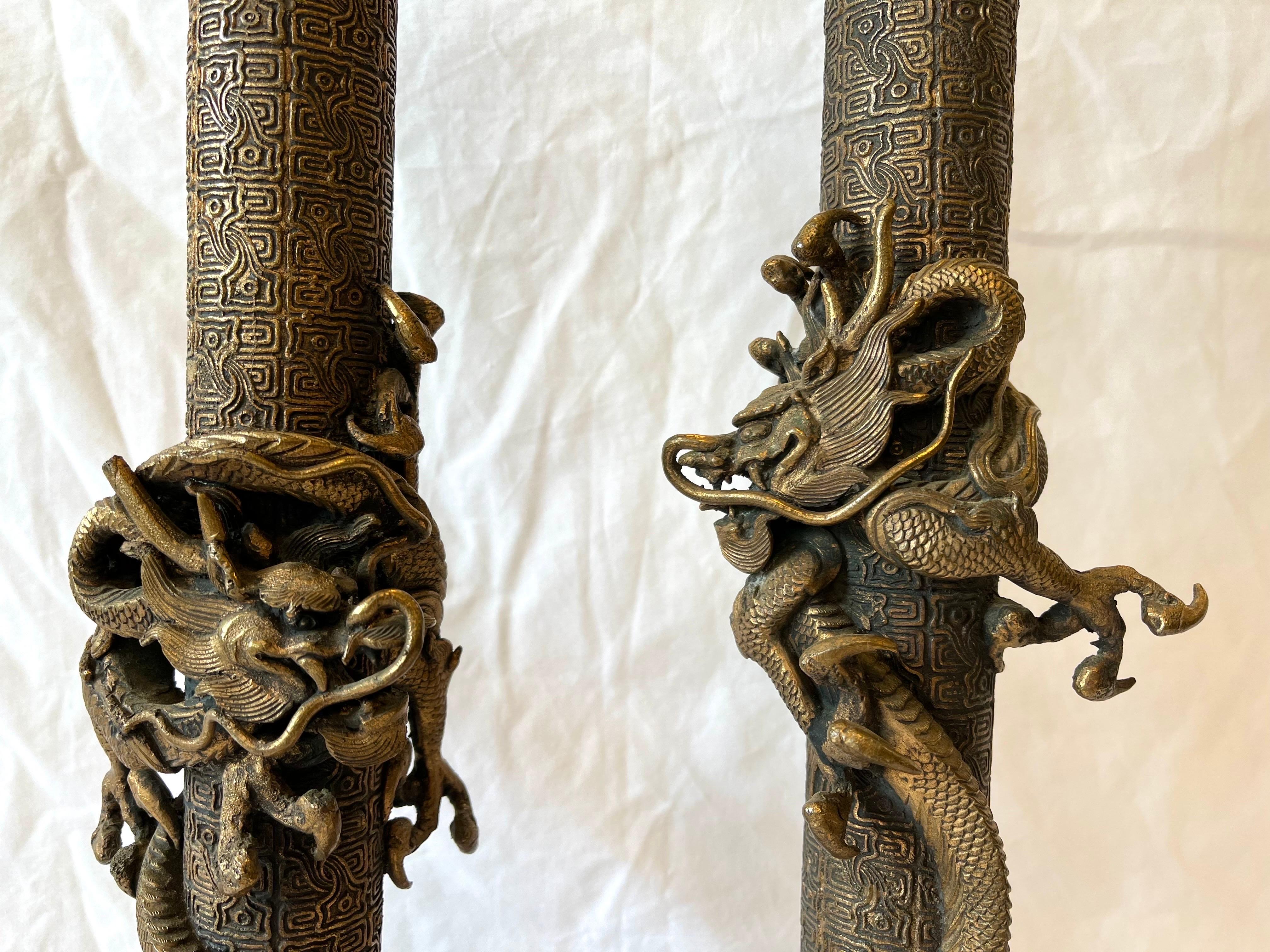 Vintage Pair of Asian Lamps with Coiling Dragons on Highly Detailed Support 2