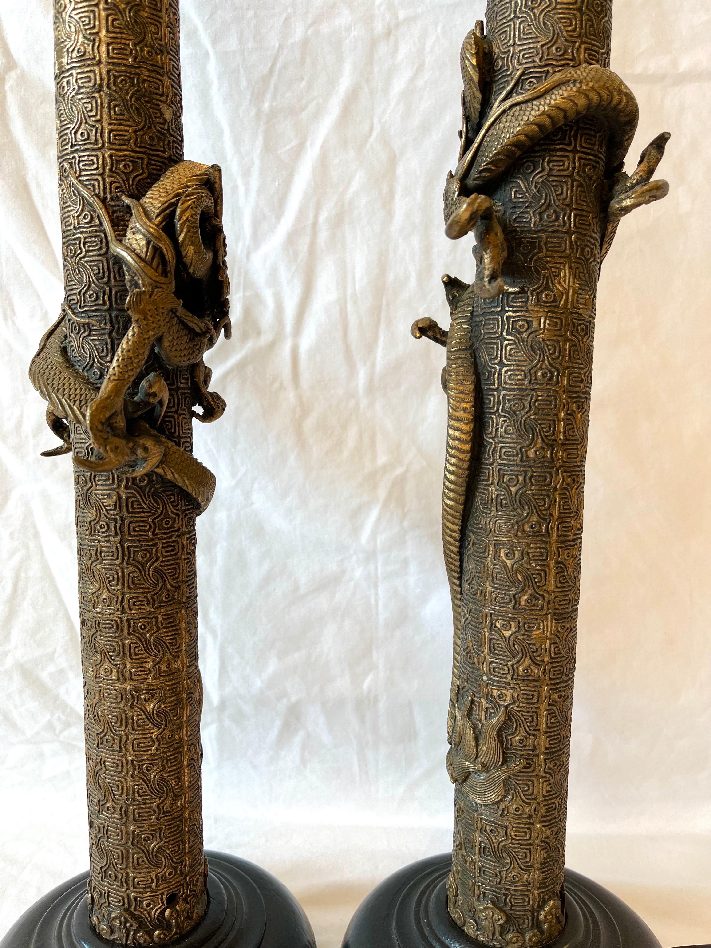 Vintage Pair of Asian Lamps with Coiling Dragons on Highly Detailed Support 3