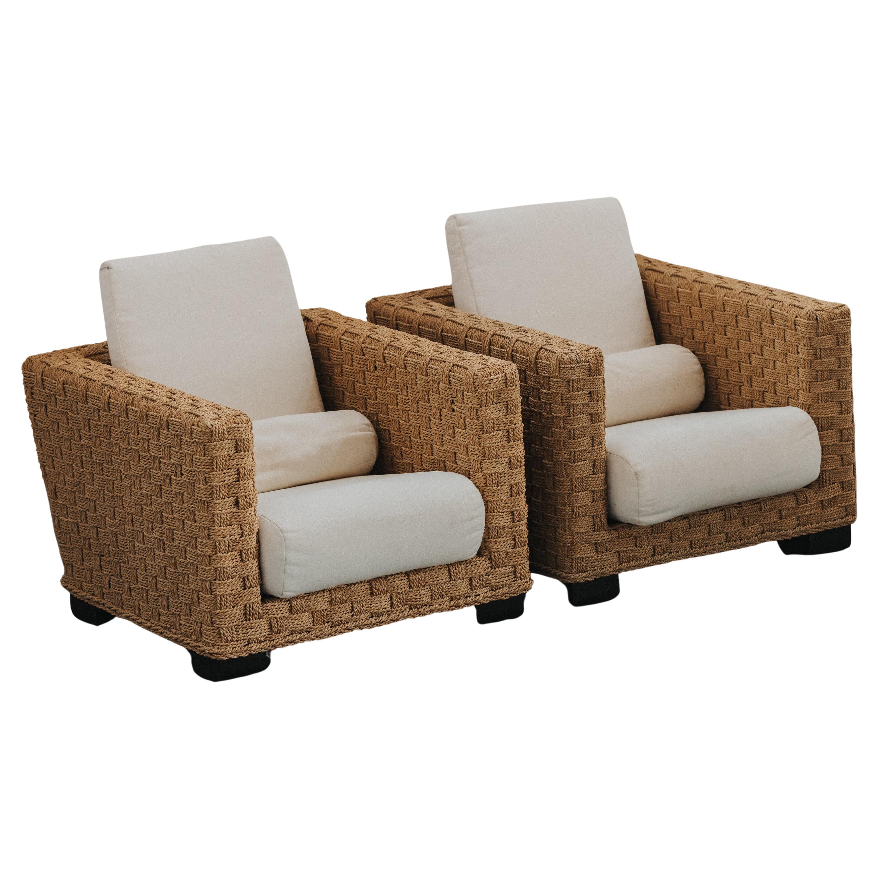 Vintage Pair Of Audoux Minet Woven Lounge Chairs From France, Circa 1960