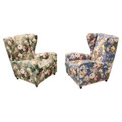 Vintage Pair of Authentic Floral Fabric Wingback Armchairs by Paolo Buffa Italy 