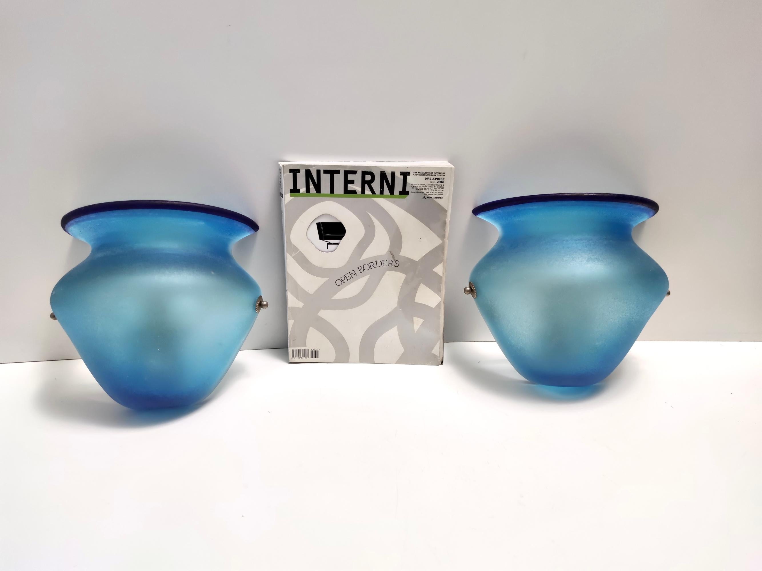 Mid-Century Modern Vintage Pair of Azure Etched Murano Glass Sconces attr. to Gino Cenedese