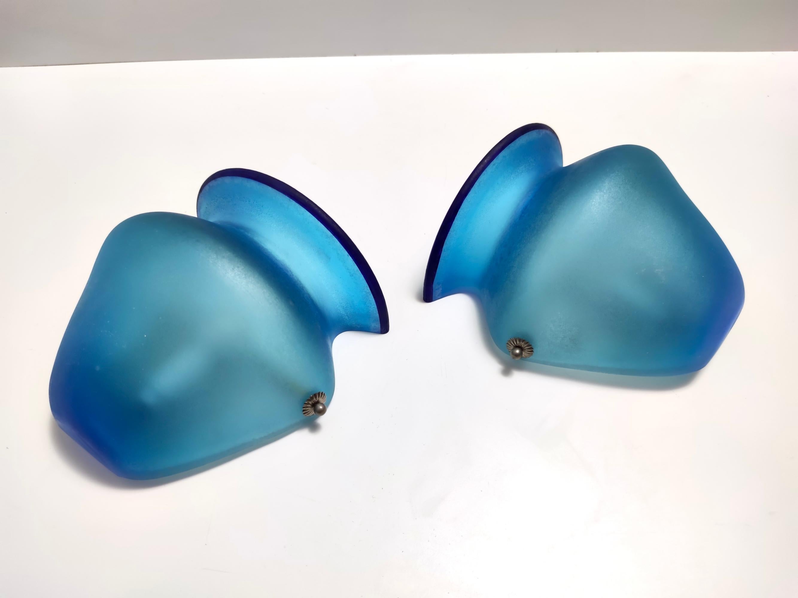 Mid-20th Century Vintage Pair of Azure Etched Murano Glass Sconces attr. to Gino Cenedese