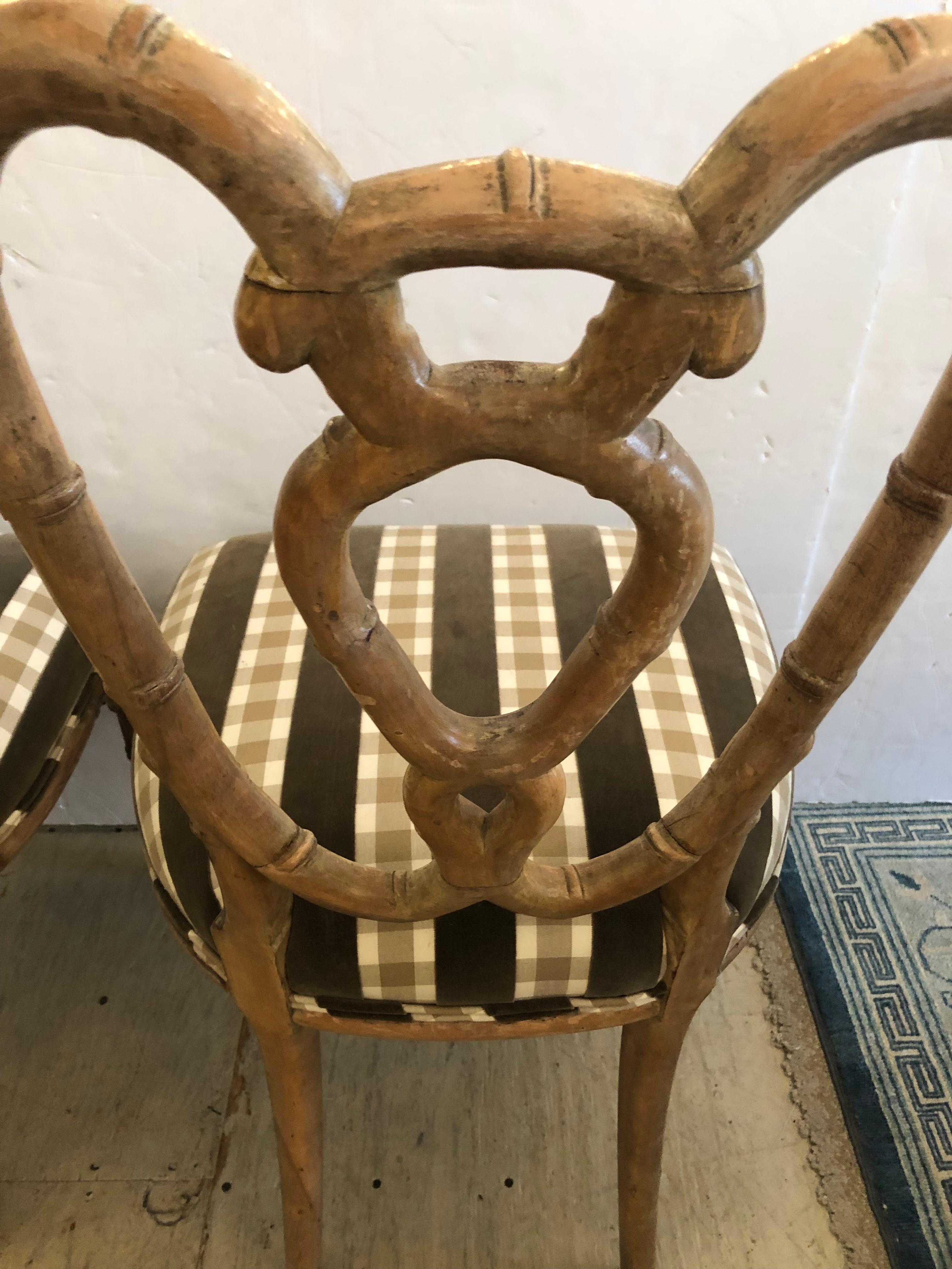 Vintage Pair of Bamboo and Upholstered Side Chairs For Sale 6