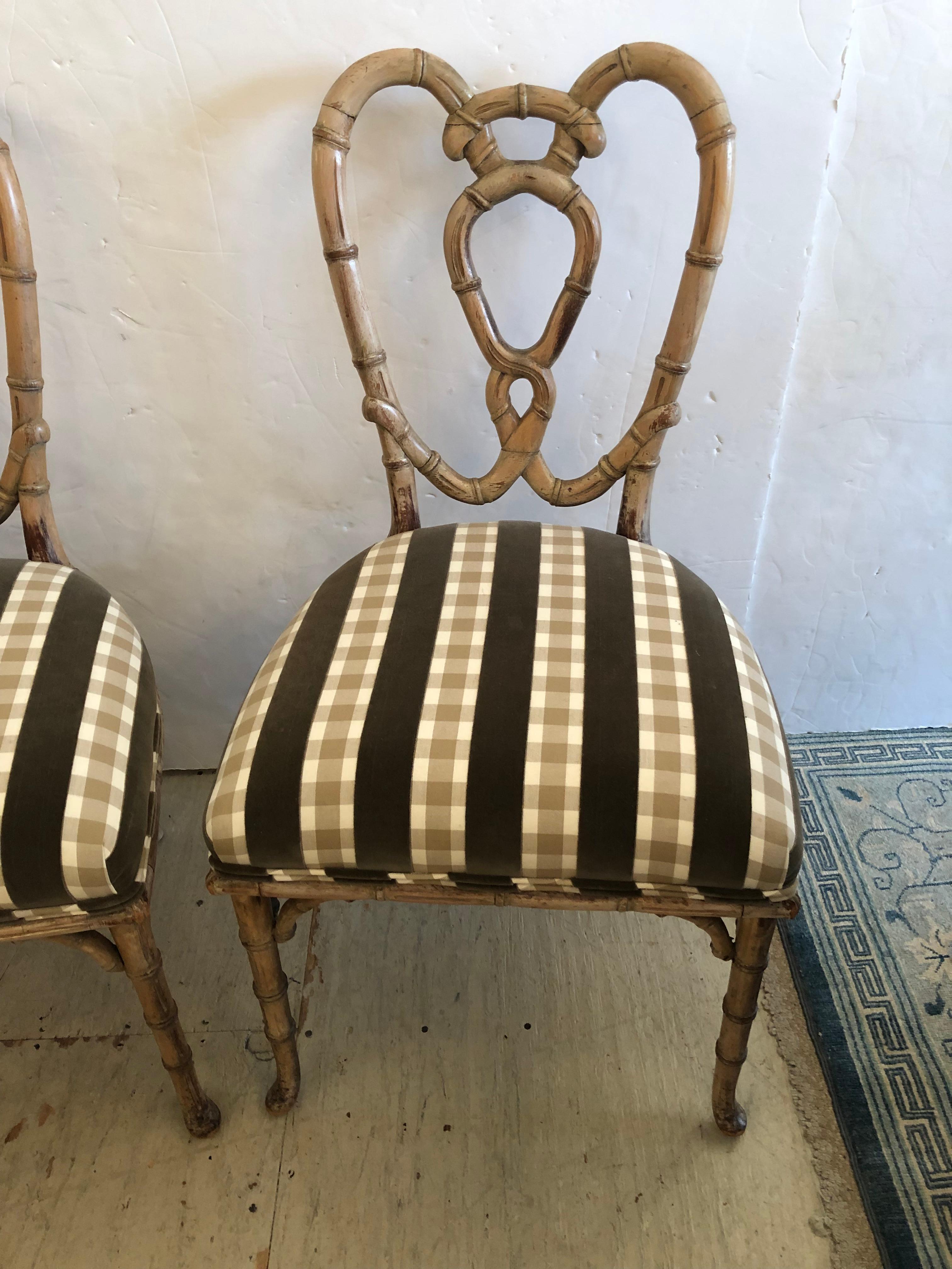 Vintage Pair of Bamboo and Upholstered Side Chairs For Sale 10