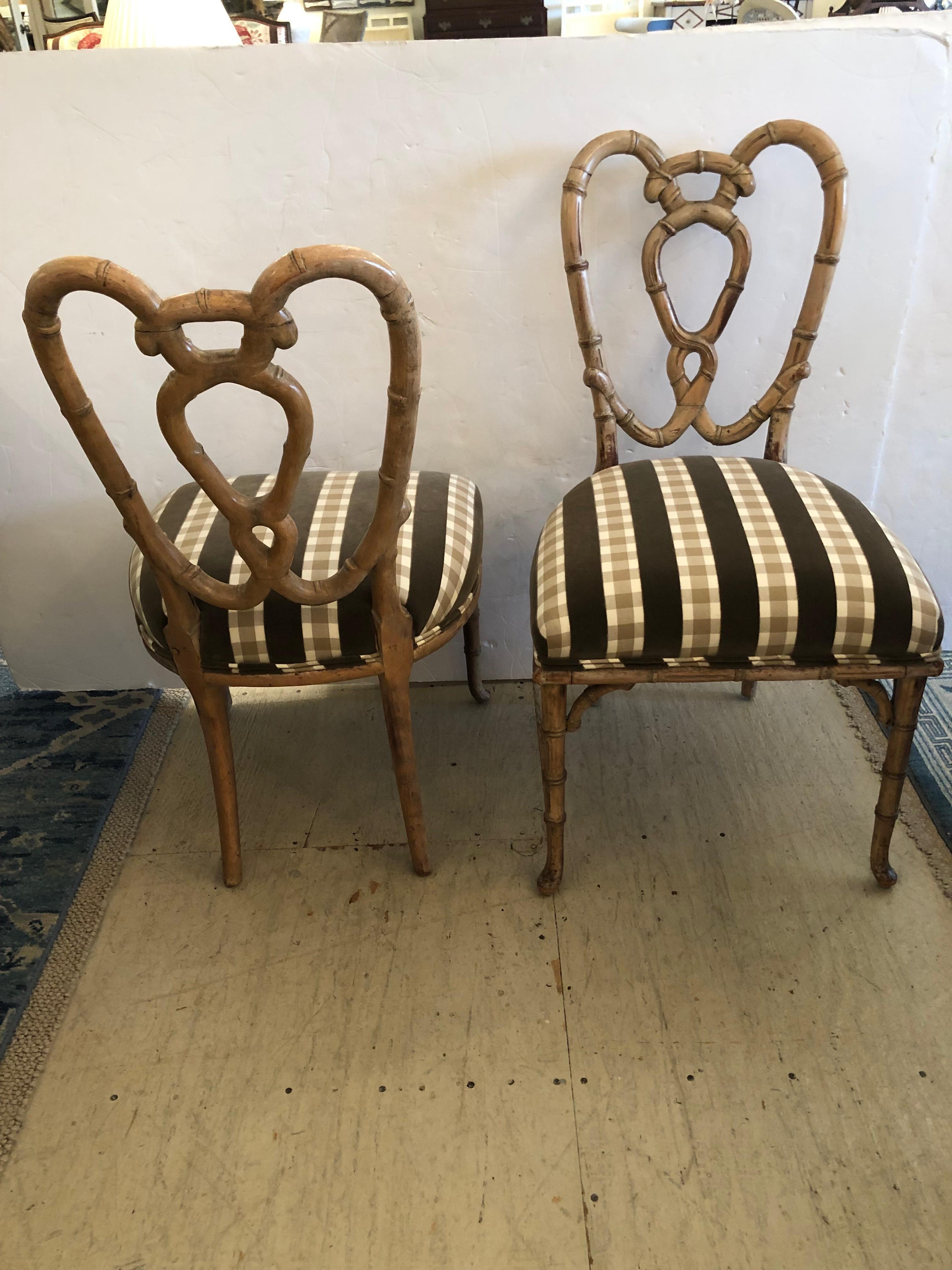 Vintage Pair of Bamboo and Upholstered Side Chairs For Sale 1