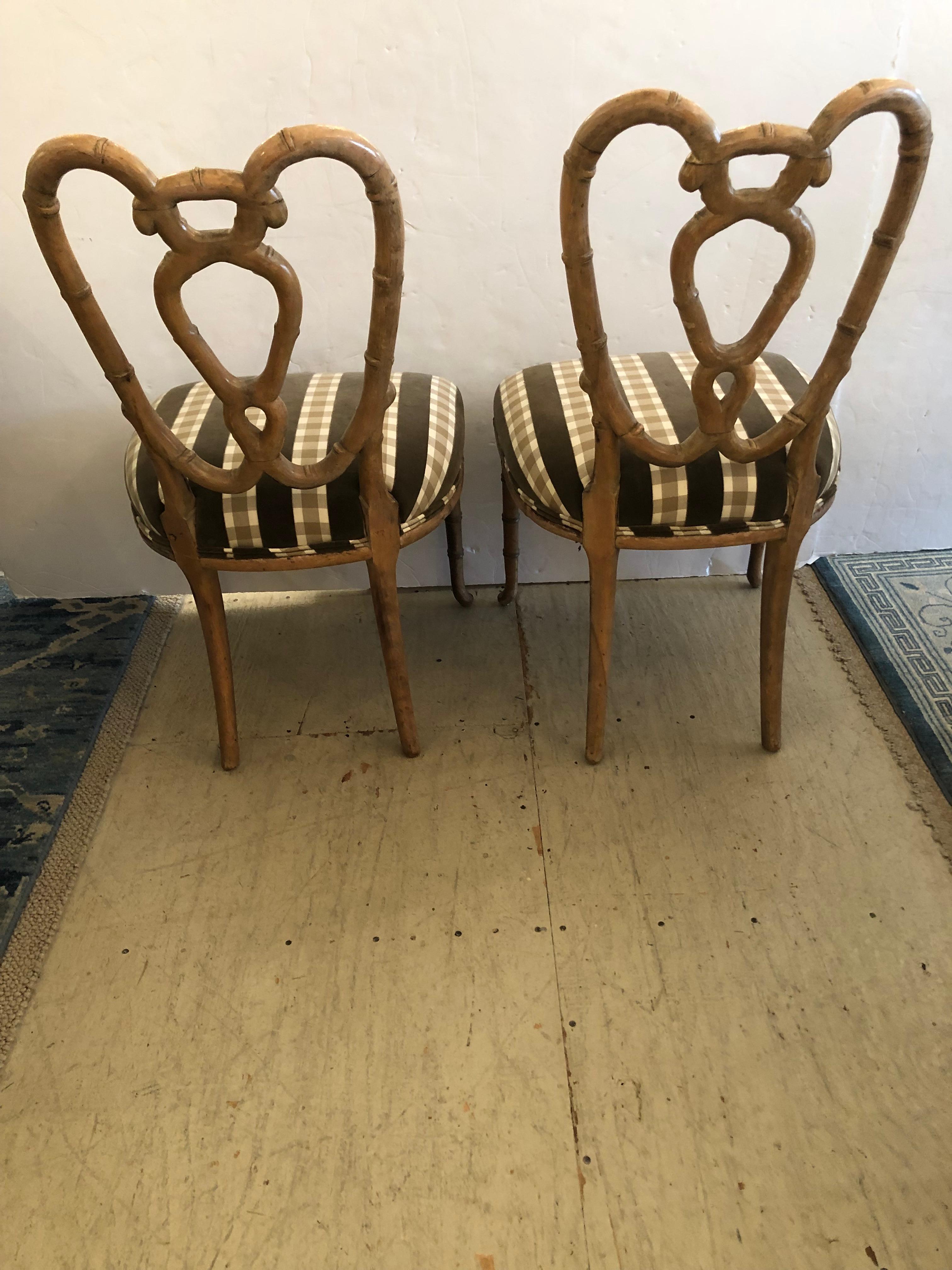 Vintage Pair of Bamboo and Upholstered Side Chairs For Sale 2