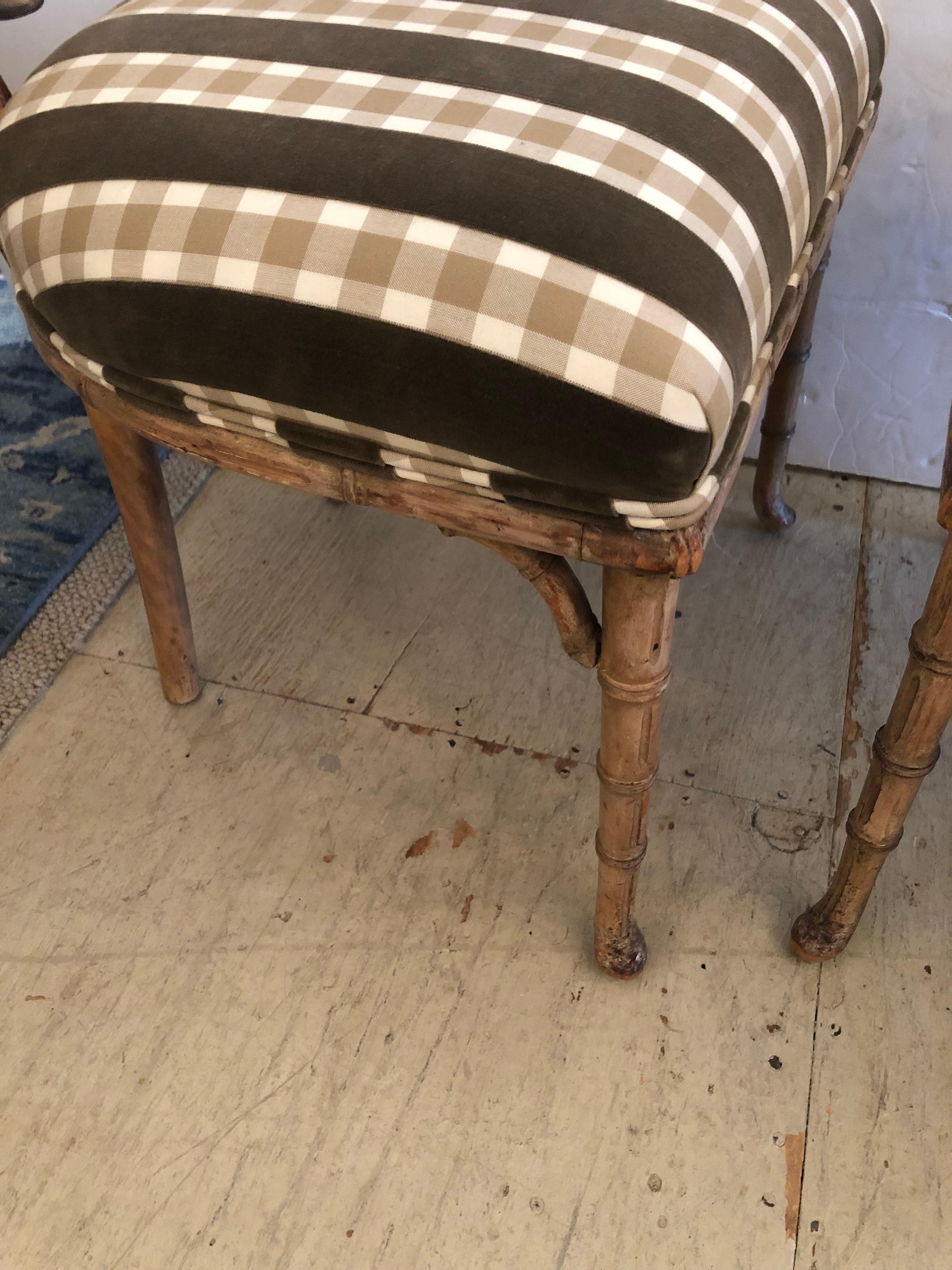 Vintage Pair of Bamboo and Upholstered Side Chairs For Sale 3