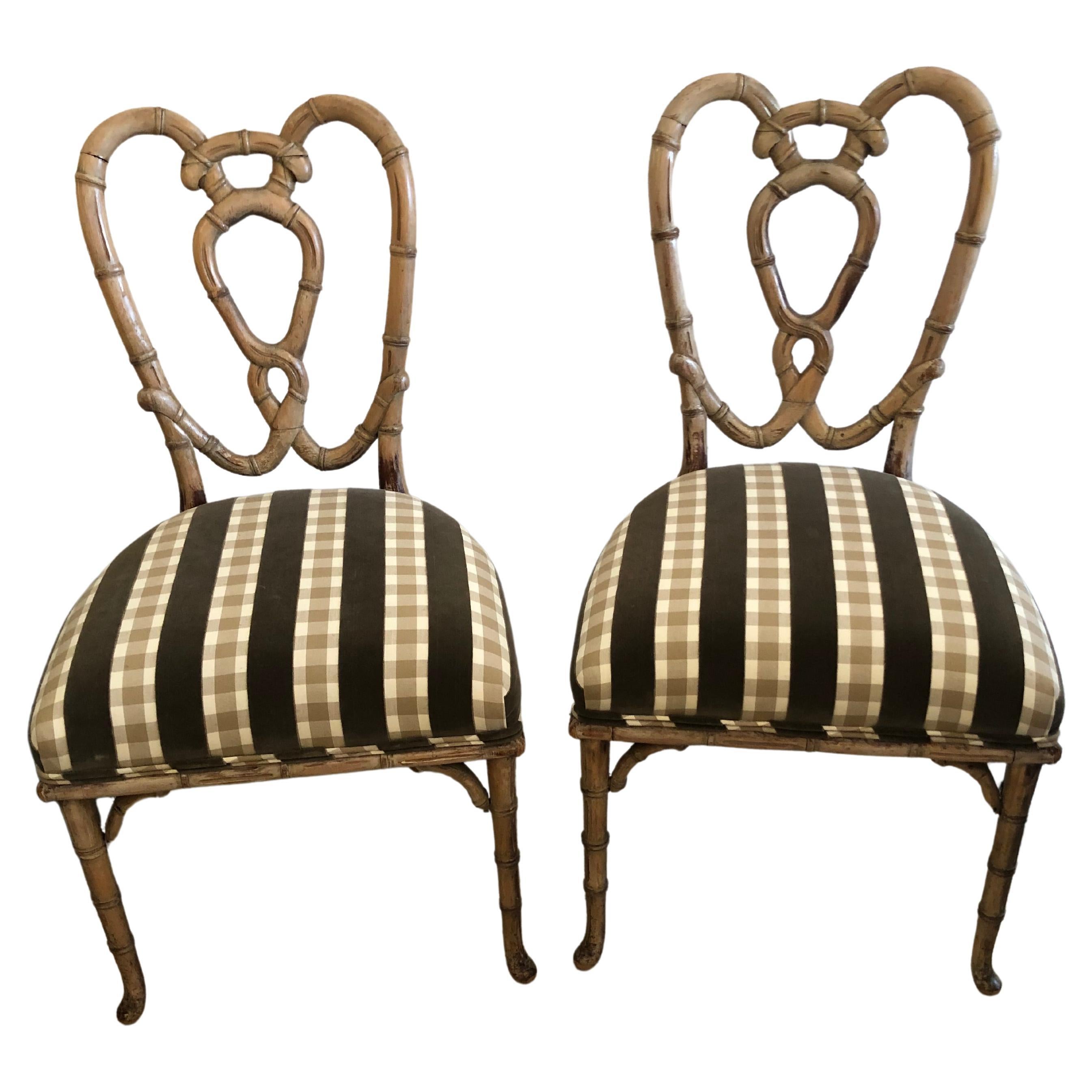 Paire de chaises d'appoint vintage en bambou et tapissées