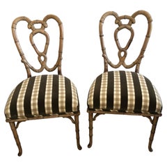 Paire de chaises d'appoint vintage en bambou et tapissées