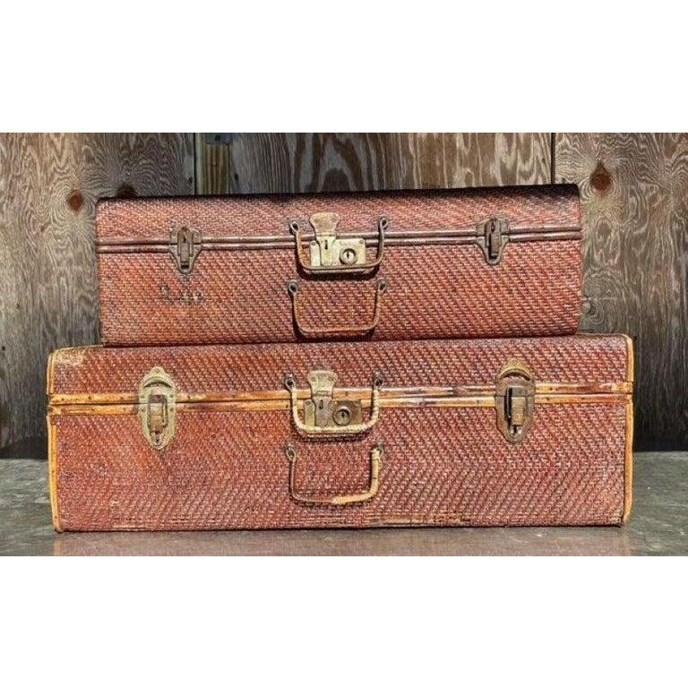 Vintage Pair of Bamboo and Woven Rattan Travel Trunks For Sale 3