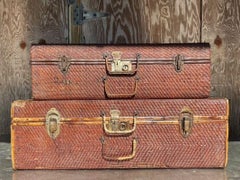 Vintage Pair of Bamboo and Woven Rattan Travel Trunks