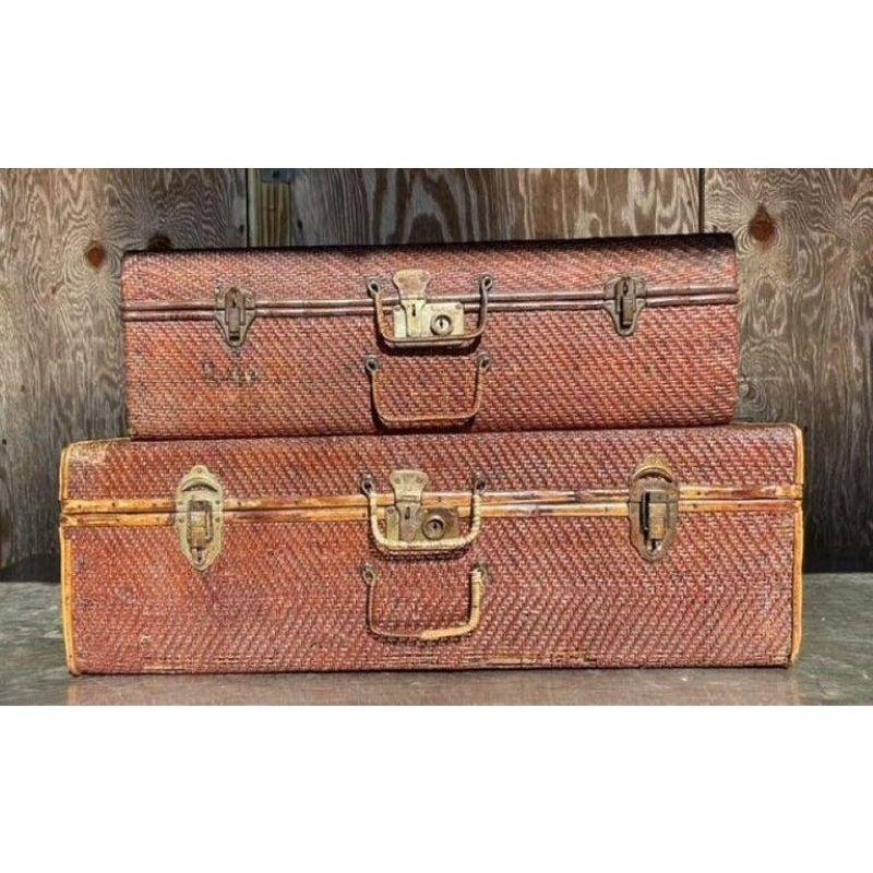 Mid-Century Modern Vintage Pair of Bamboo and Woven Rattan Travel Trunks For Sale