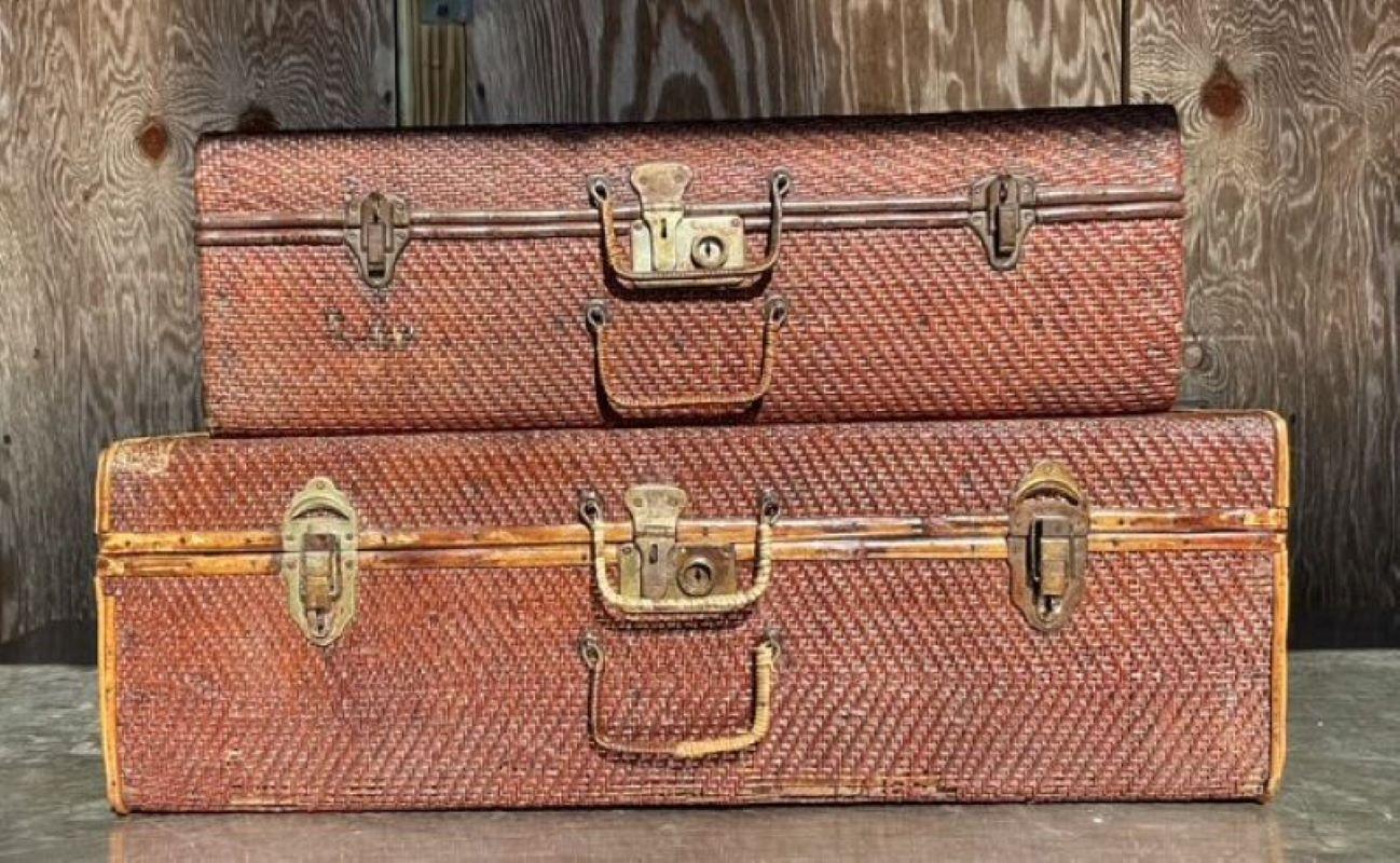 Orange Vintage Pair of Bamboo and Woven Rattan Travel Trunks For Sale