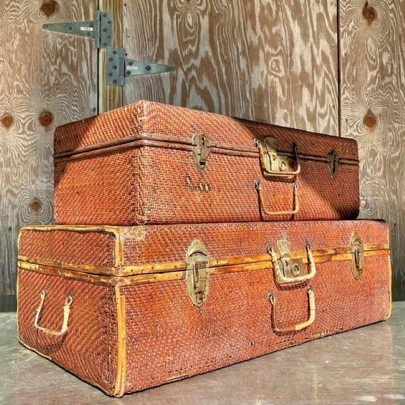 Vintage Pair of Bamboo and Woven Rattan Travel Trunks In Good Condition For Sale In Lake Worth Beach, FL