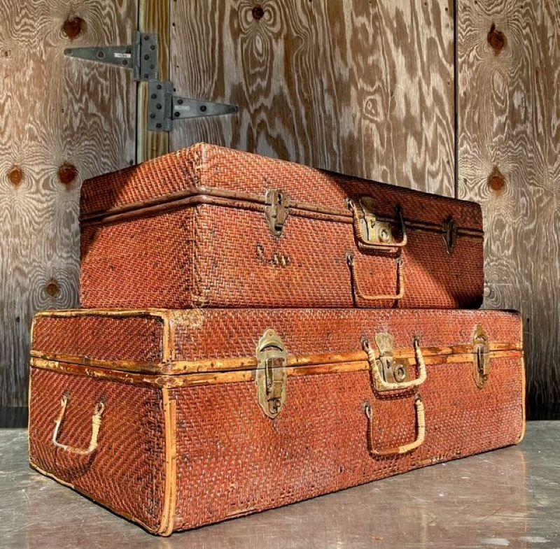 Vintage Pair of Bamboo and Woven Rattan Travel Trunks For Sale 1