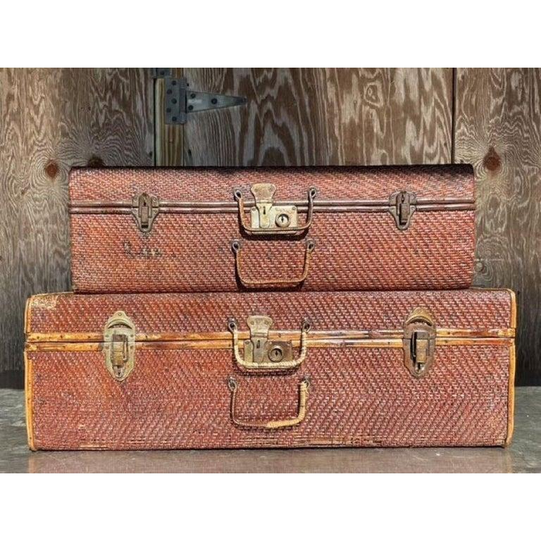 Metal Vintage Pair of Bamboo and Woven Rattan Travel Trunks For Sale