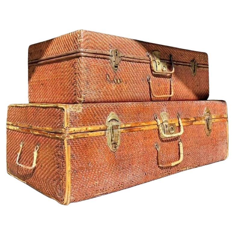 Vintage Pair of Bamboo and Woven Rattan Travel Trunks For Sale
