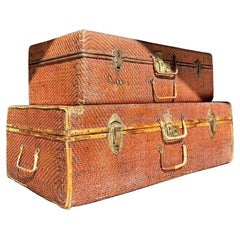 Paire de coffres de voyage vintage en bambou et rotin tressé