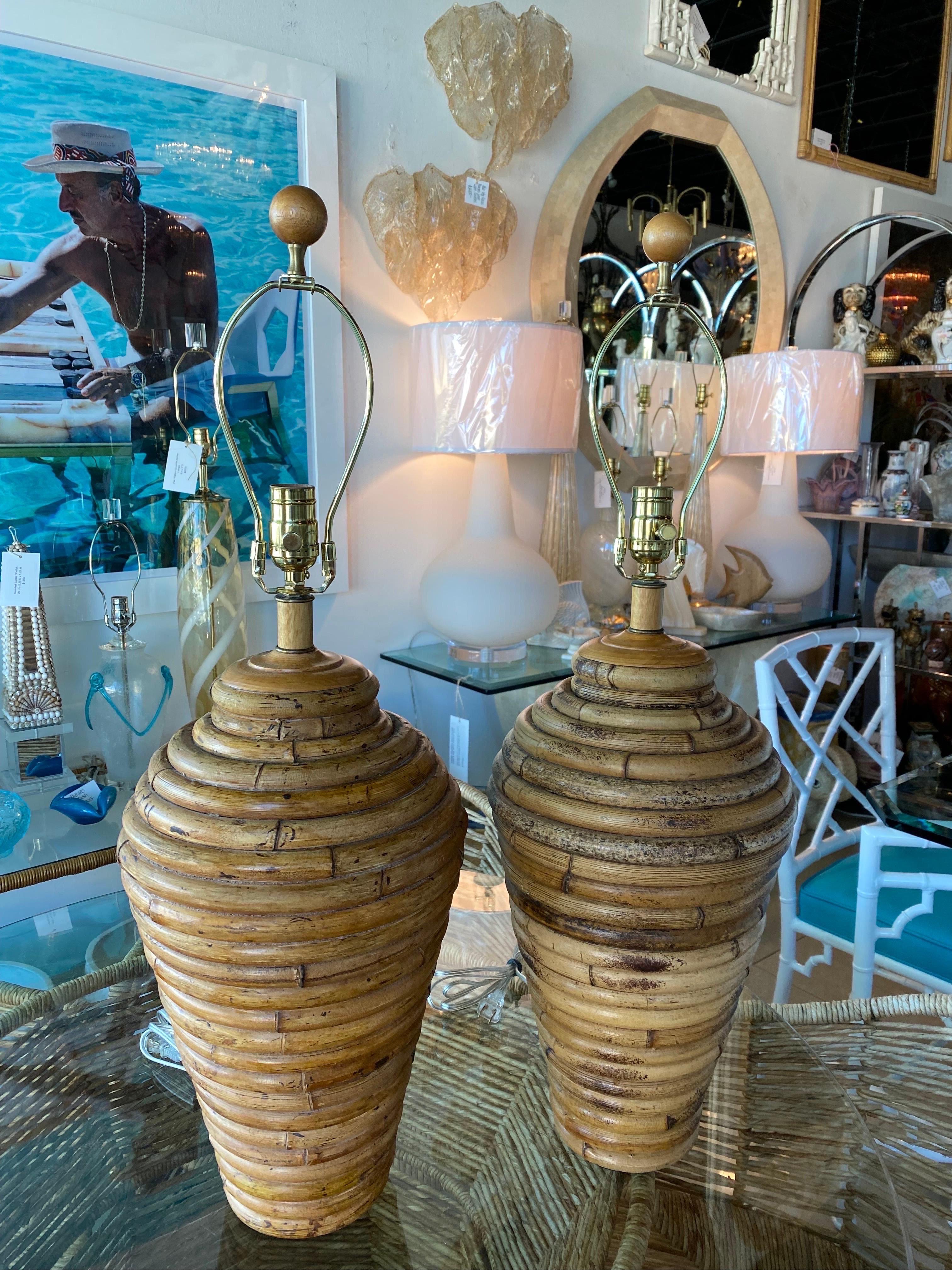 Vintage Pair of Bamboo Ginger Jar Table Lamps Newly Wired Brass Hardware  6