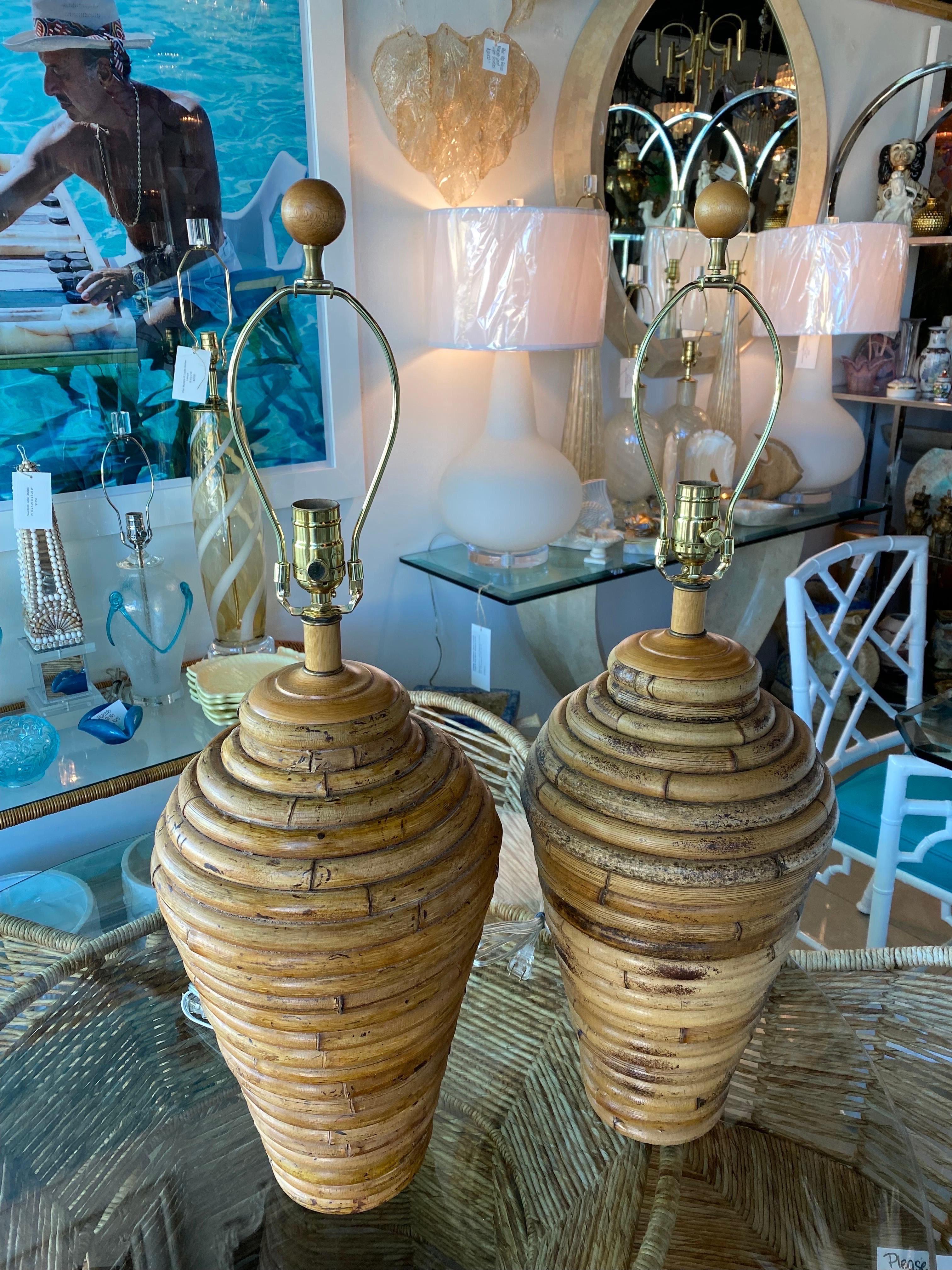 Vintage Pair of Bamboo Ginger Jar Table Lamps Newly Wired Brass Hardware  7