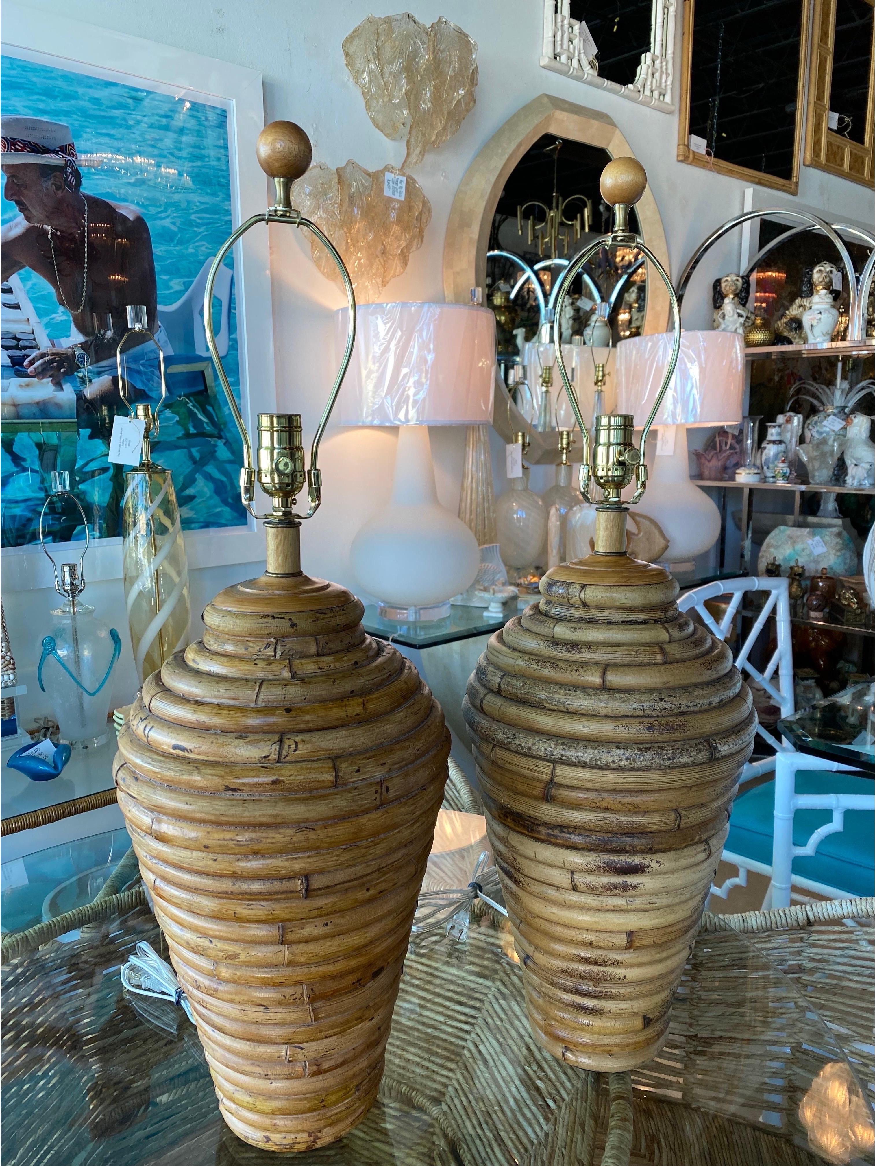 Vintage Pair of Bamboo Ginger Jar Table Lamps Newly Wired Brass Hardware  2
