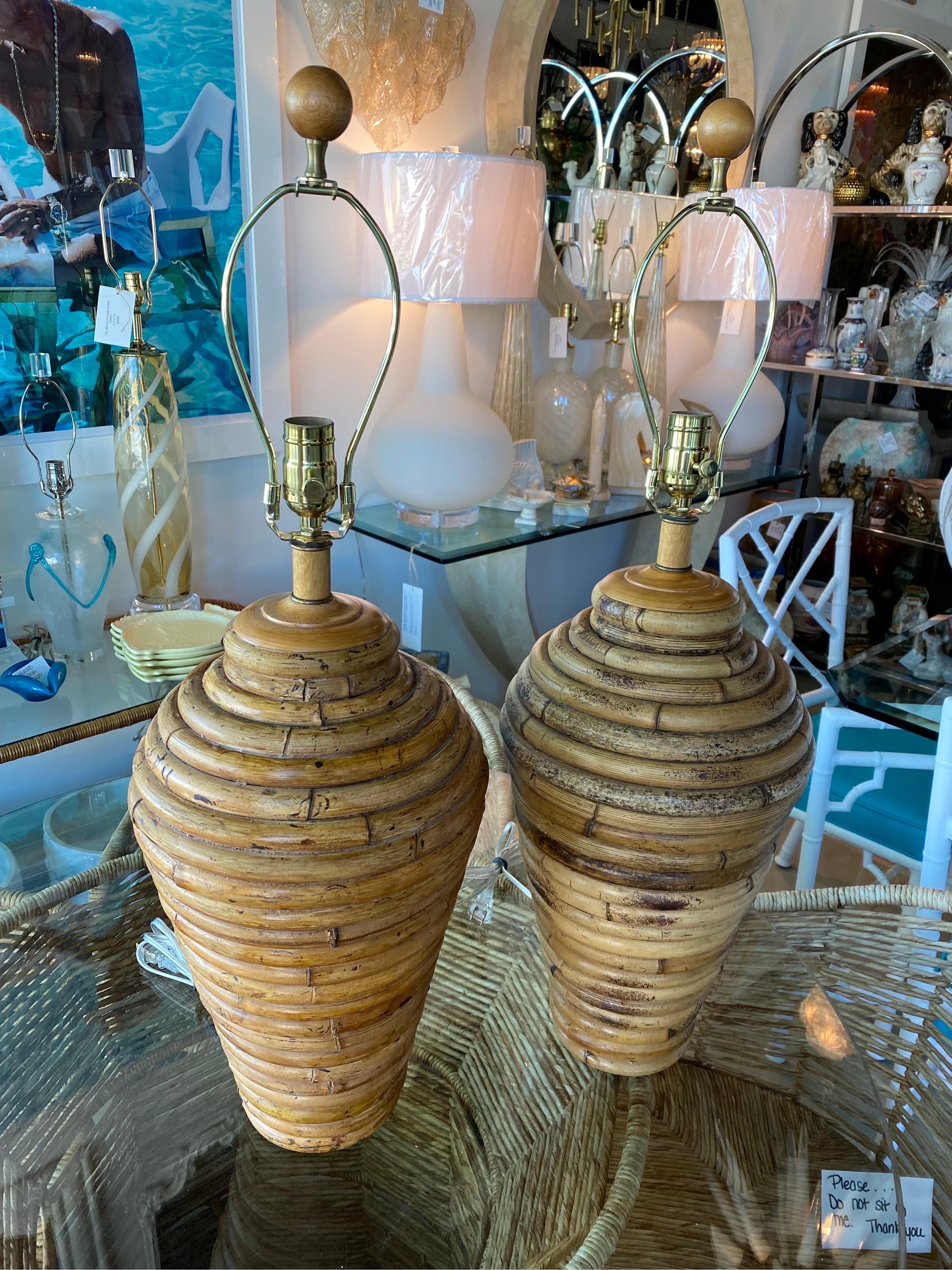 Vintage Pair of Bamboo Ginger Jar Table Lamps Newly Wired Brass Hardware  3