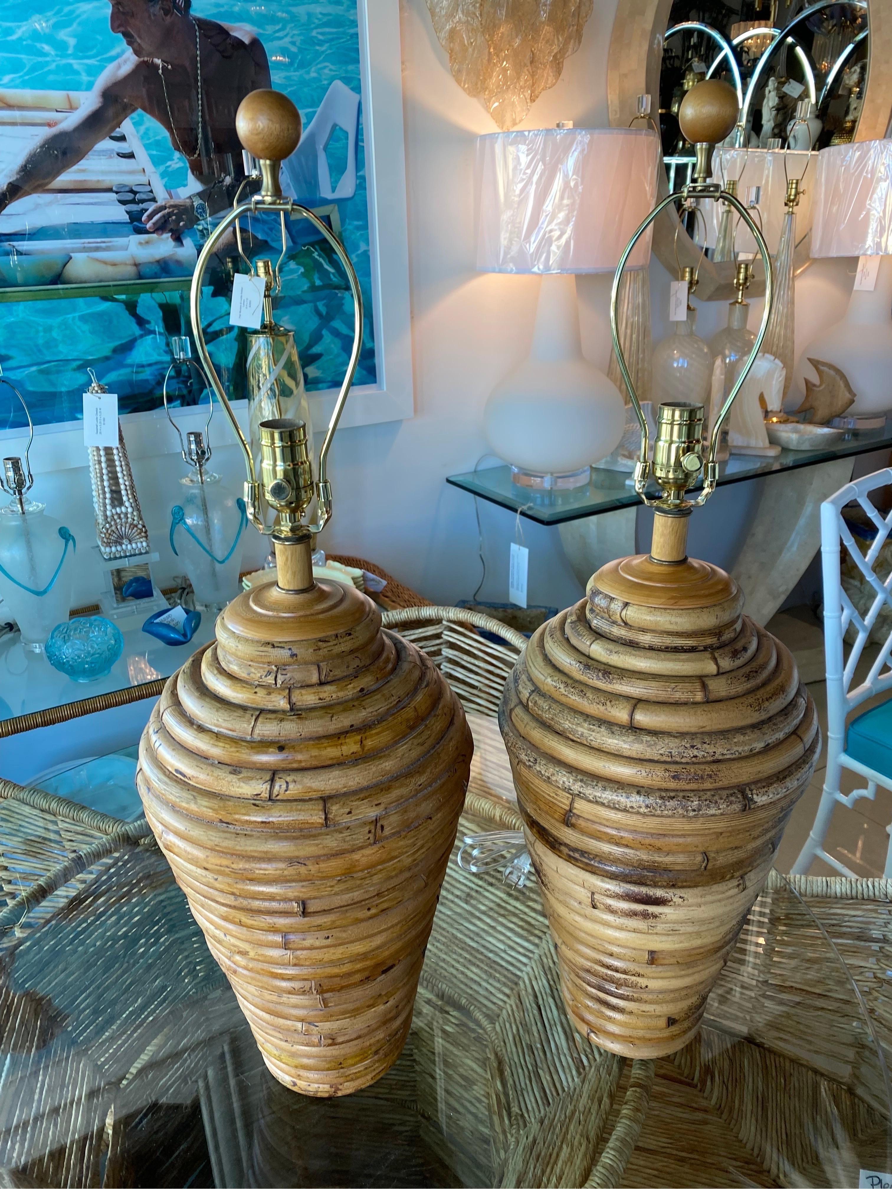 Vintage Pair of Bamboo Ginger Jar Table Lamps Newly Wired Brass Hardware  4