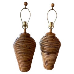 Vintage Pair of Bamboo Ginger Jar Table Lamps Newly Wired Brass Hardware
