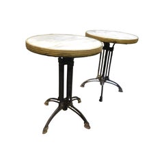 Vintage Pair of Bar Bistro Tables Deco, White Marble Top, Gold Bord, 1930 Italy