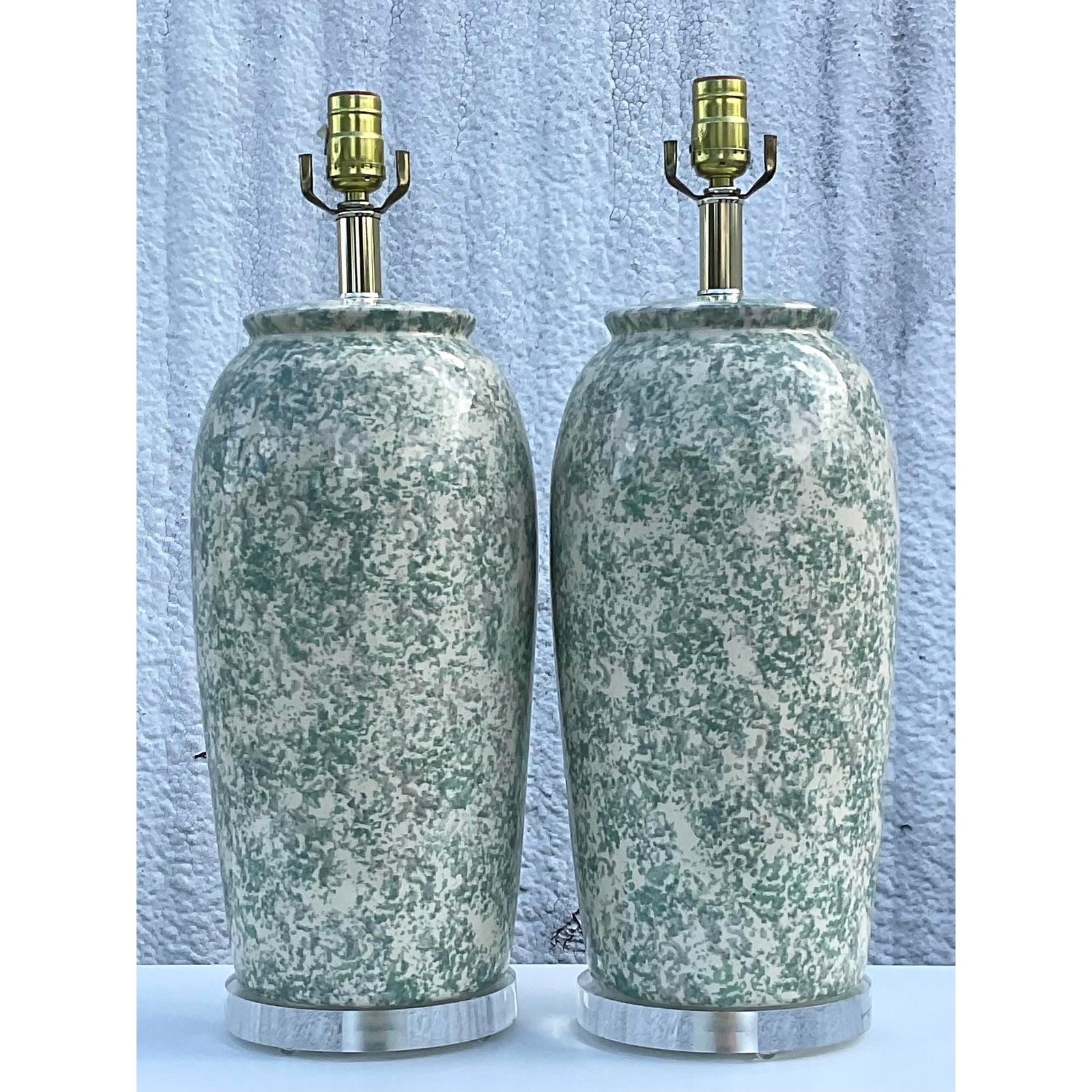 Vintage Pair of Bauer Mottled Ceramic Lamp Marked and Dated 1986 In Excellent Condition In west palm beach, FL