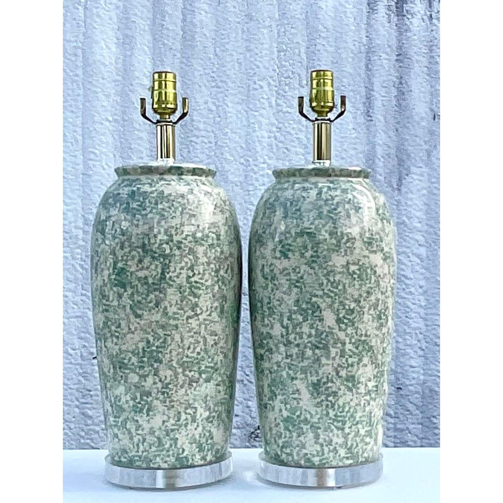 Brass Vintage Pair of Bauer Mottled Ceramic Lamp Marked and Dated 1986