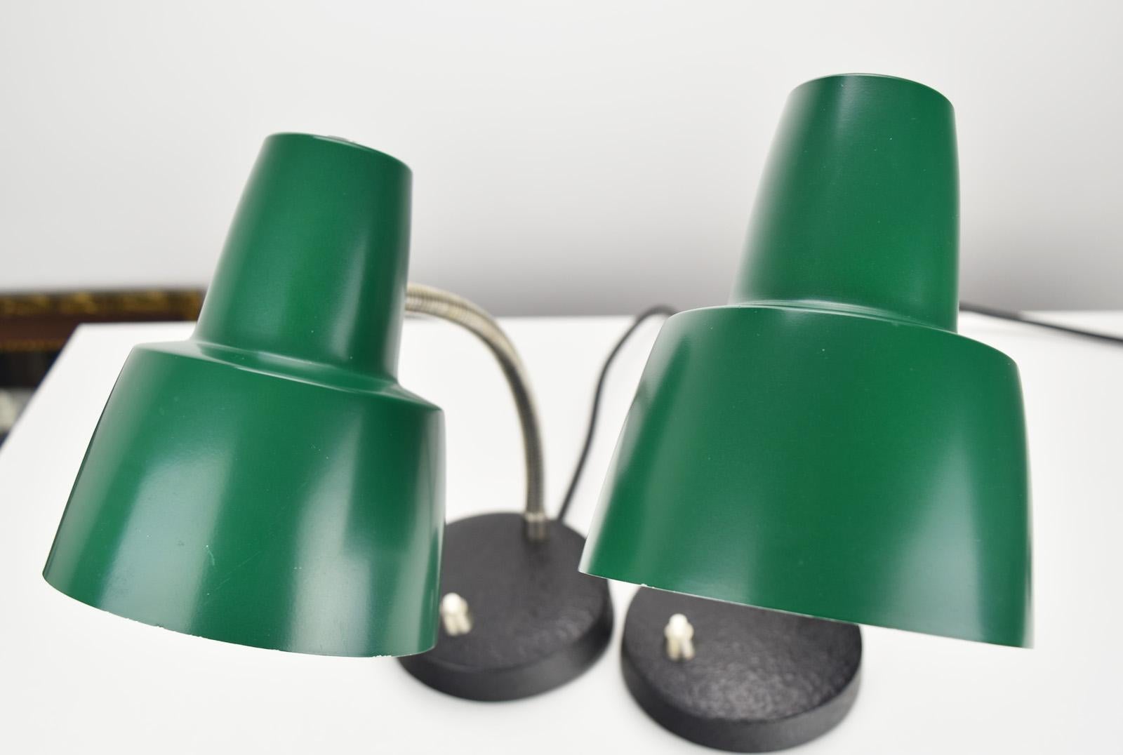Mid-20th Century Vintage Pair of Bed Side Table Lamps by Hillebrand 1960s German Green Lacquered For Sale
