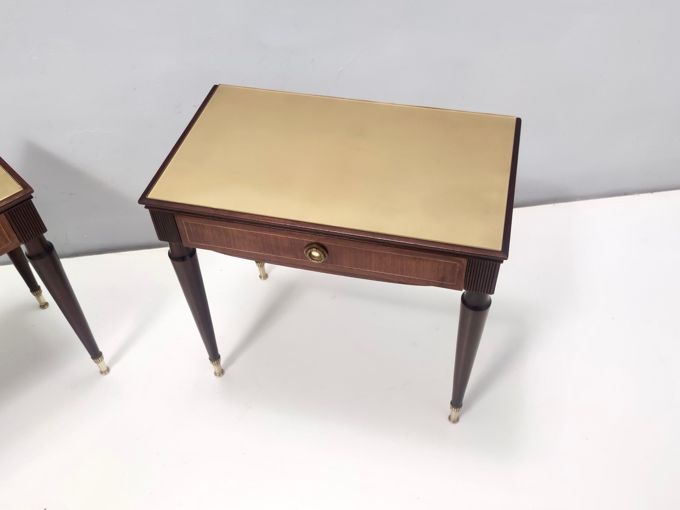Brass Vintage Pair of Beech and Ebonized Walnut Nightstands by Paolo Buffa, Italy