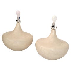 Retro Pair of Beige Textured Lacquered Ceramic Table Lamps Mid-Century Modern 
